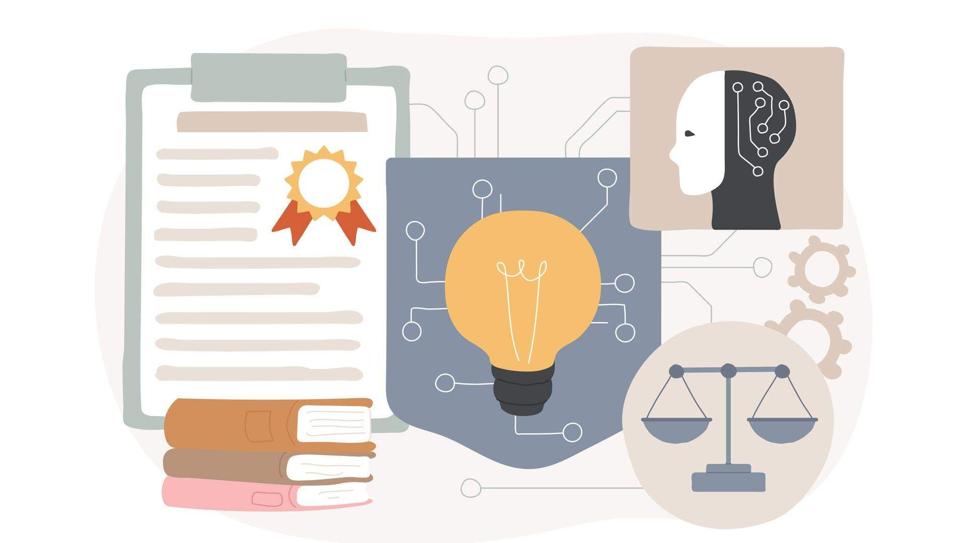 AI-stödd skydd av immateriella rättigheter, abstrakt koncept, vektorillustration. Juridiska tjänster. AI-övervakning och upptäckt av intrång i immateriella rättigheter. AI-teknik. Abstrakt metafor.