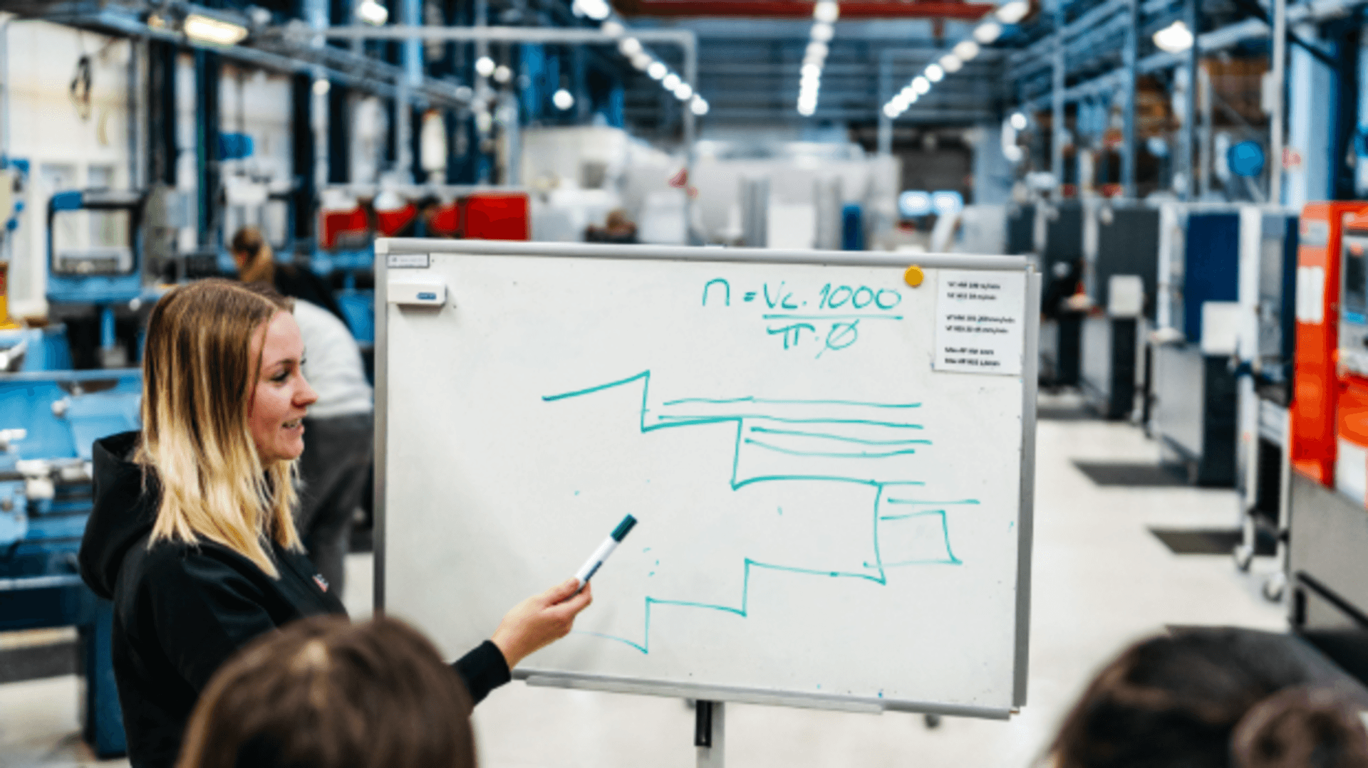 Elever vid whiteboard i verkstad vid Mälardalens Tekniska Gymnasium