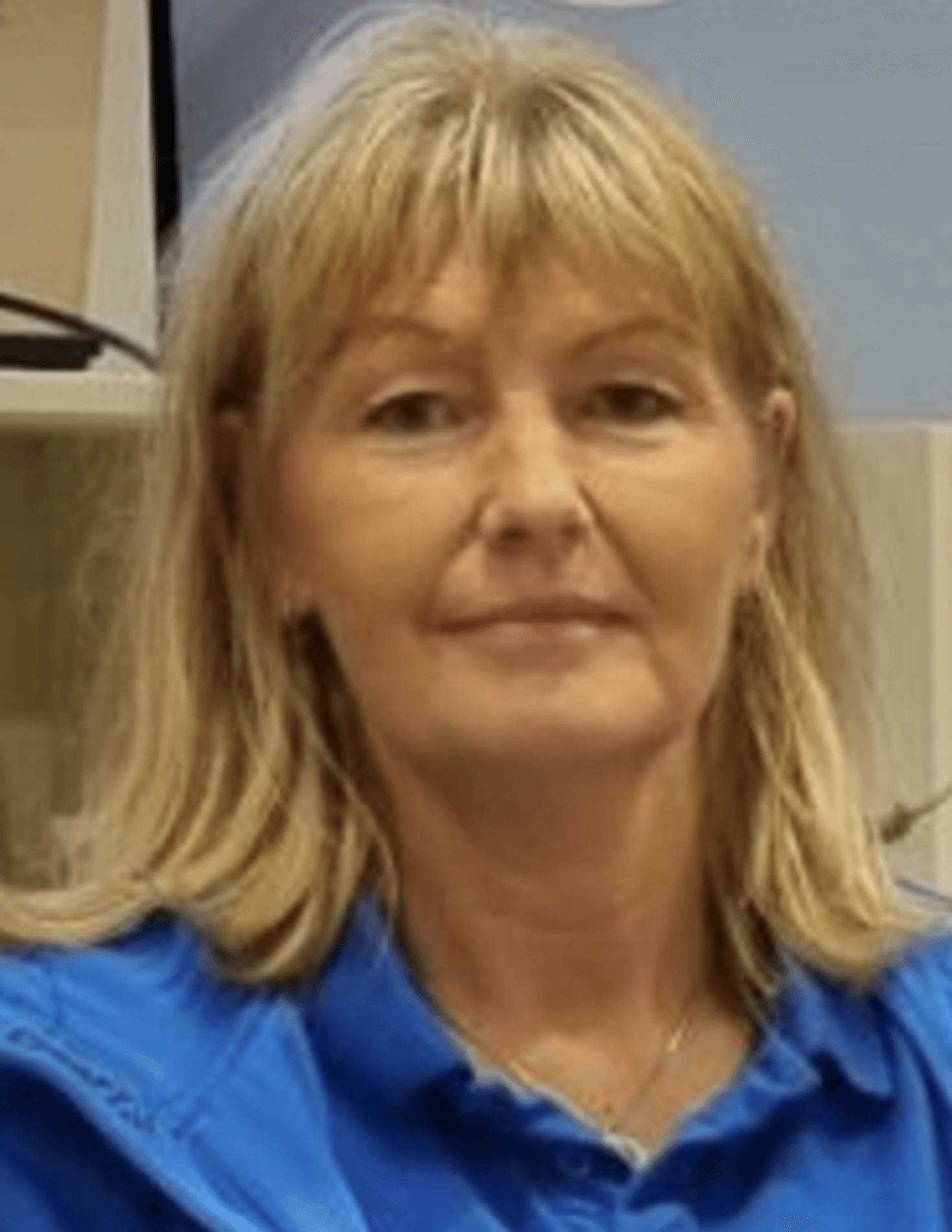 Stina Hedengran har en blå skjorta och tröja.