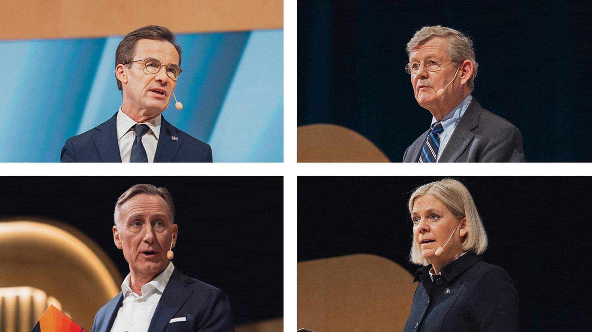Statsminister Ulf Kristersson (M), Jacob Wallenberg, ordförande för Svenskt Näringsliv, Jan-Olof Jacke, vd Svenskt Näringsliv, Magdalena Andersson, partiledare (S) på plats under Företagardagarna 2025.