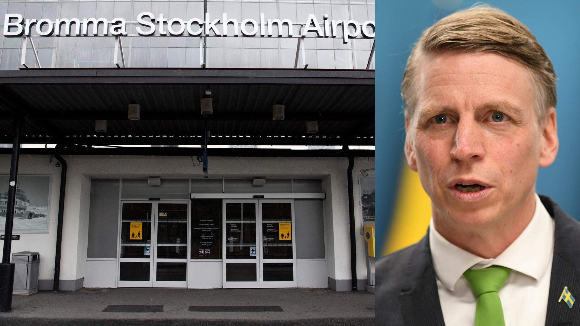 Miljö- och klimatminister Per Bolund i ett collage med Bromma flygplats