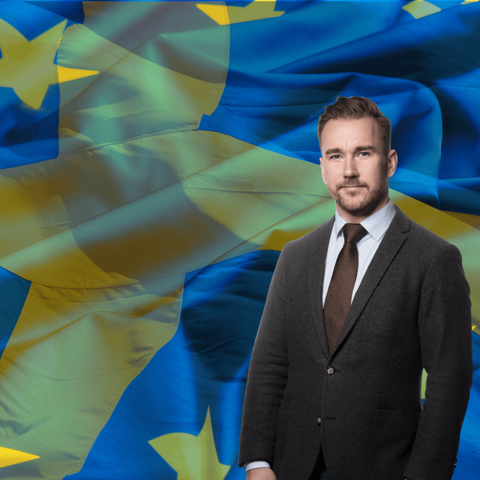 Kristian Ryberg med EU och Sverigeflagga