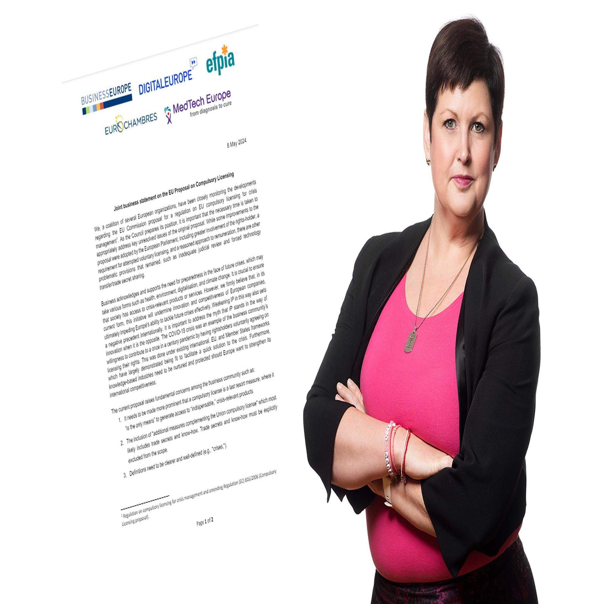 Det gemensamma uttalandet där bland annat organisationerna BusinessEurope, som företräder cirka 21 miljoner från 36 europeiska länder samt MedtechEurope, som är den europeiska branschorganisationen för medicinteknikindustrin varnar för den nya lagen. Christina Wainikka, expert på immaterialrätt på Svenskt Näringsliv.