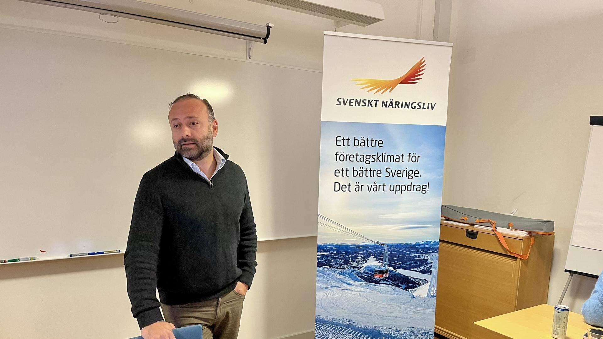 Alee Farrohi, huvudman och en av delägarna i Honesta skolutveckling, står i ett konferensrum och har på sig en svart tröja.