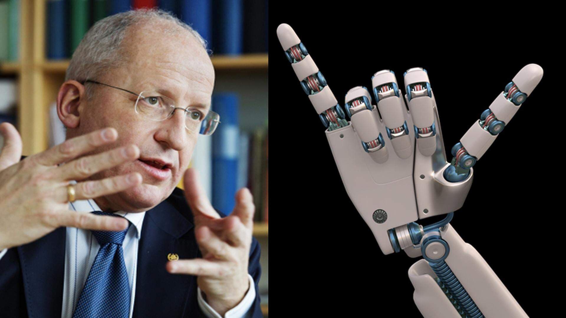 Professor Johan Stahre och en robot hand som gör hang loose-tecken