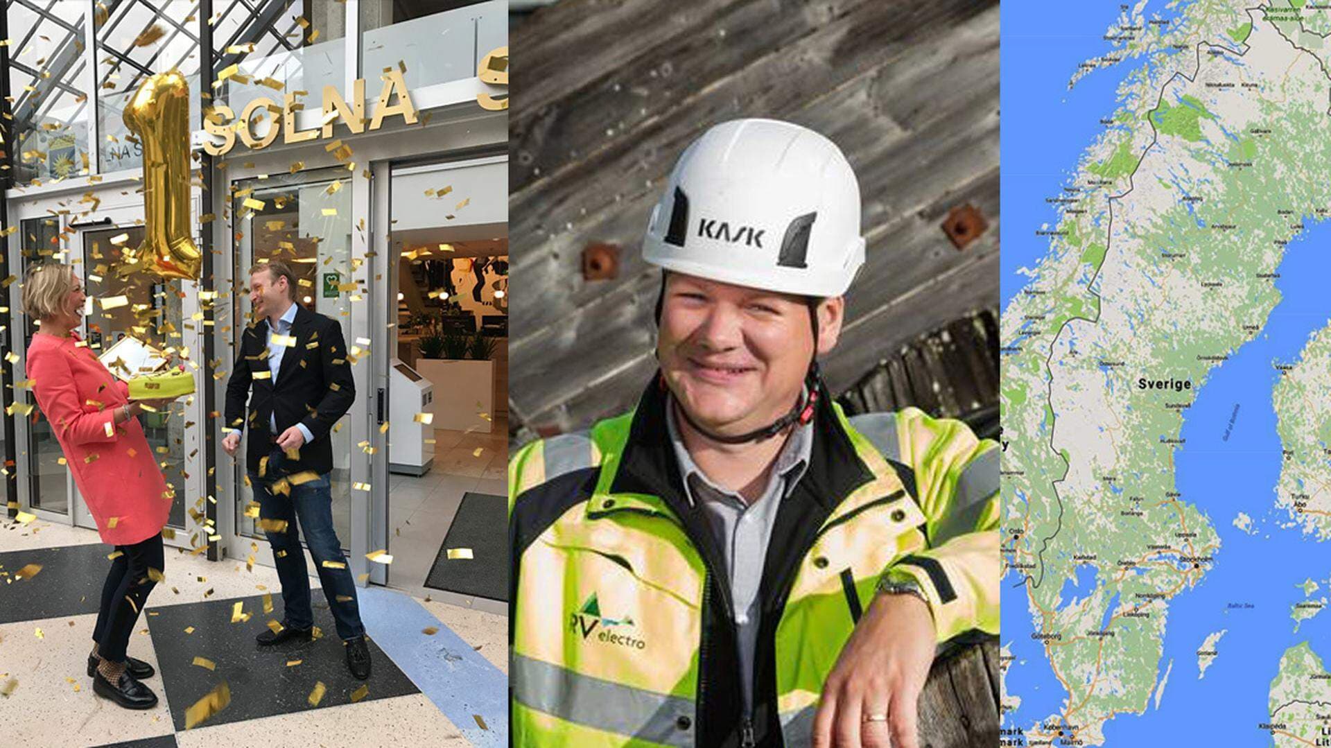 Collage med tre bilder: Kommunstyrelsens ordförande i Solna, Pehr Granfalk, gratuleras av Annika Bröms, Svenskt Näringslivs regionchef i Solna. Företagaren Klas Eriksson i Älvdalens kommun, samt en bild på en Sverigekarta.