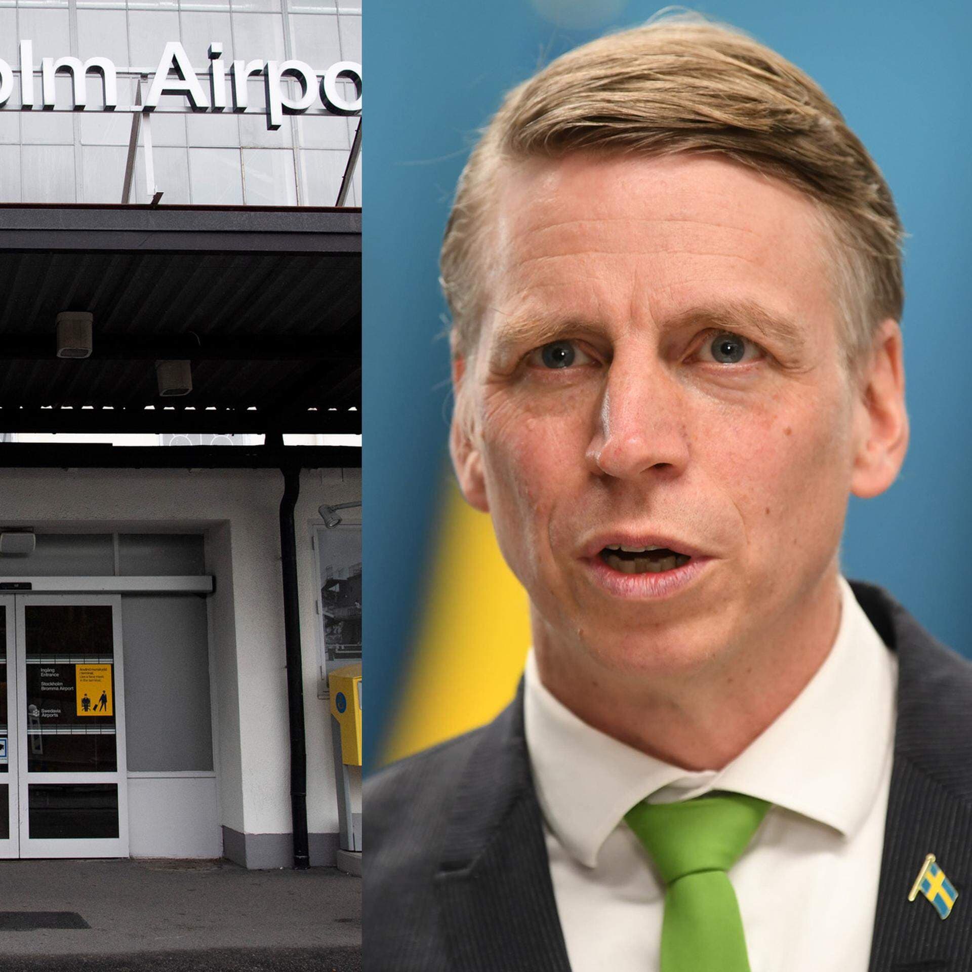 Miljö- och klimatminister Per Bolund i ett collage med Bromma flygplats.