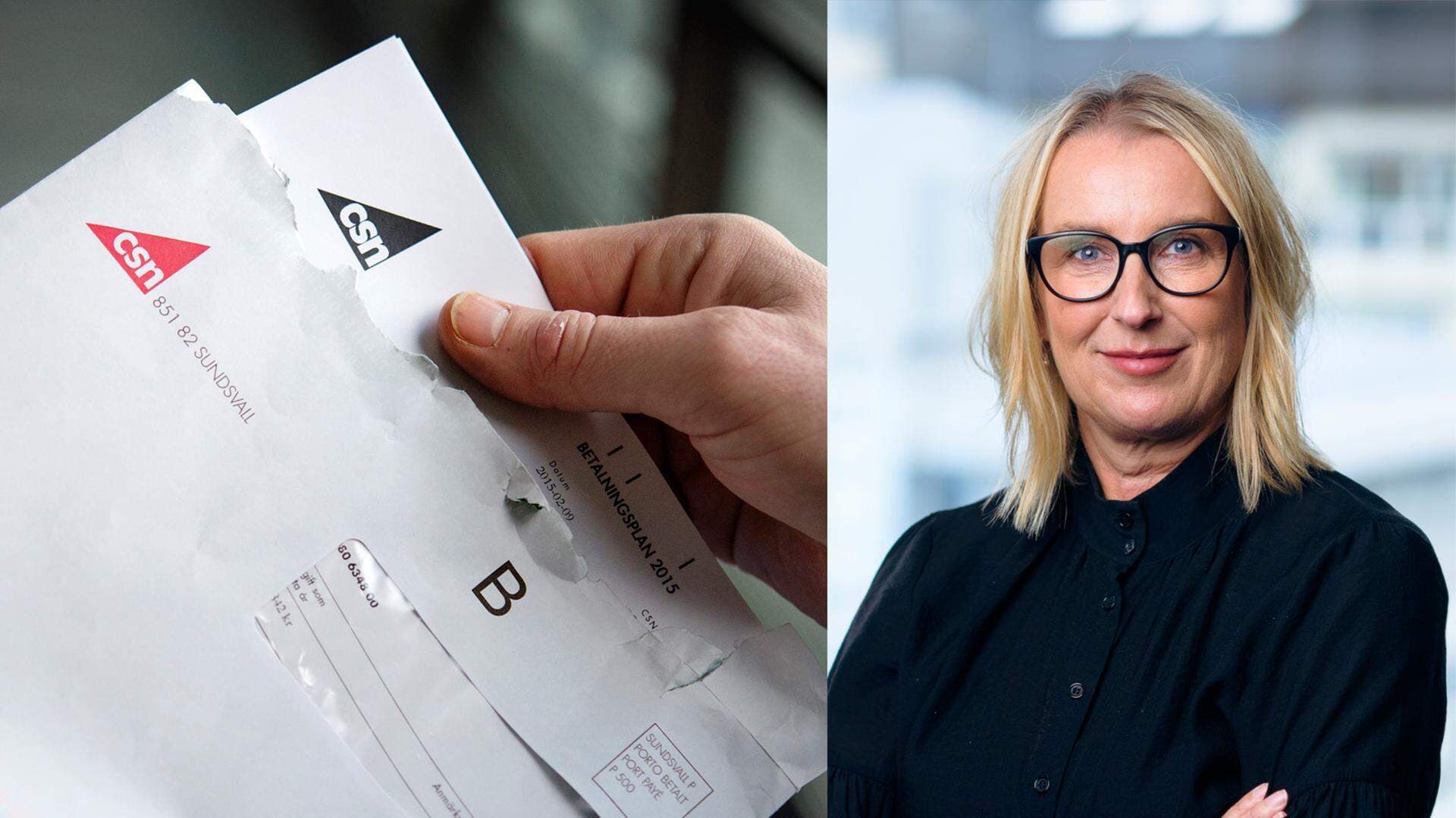 CSN-kuvert samt Mia Bernhardsen, chef för kompetensförsörjning