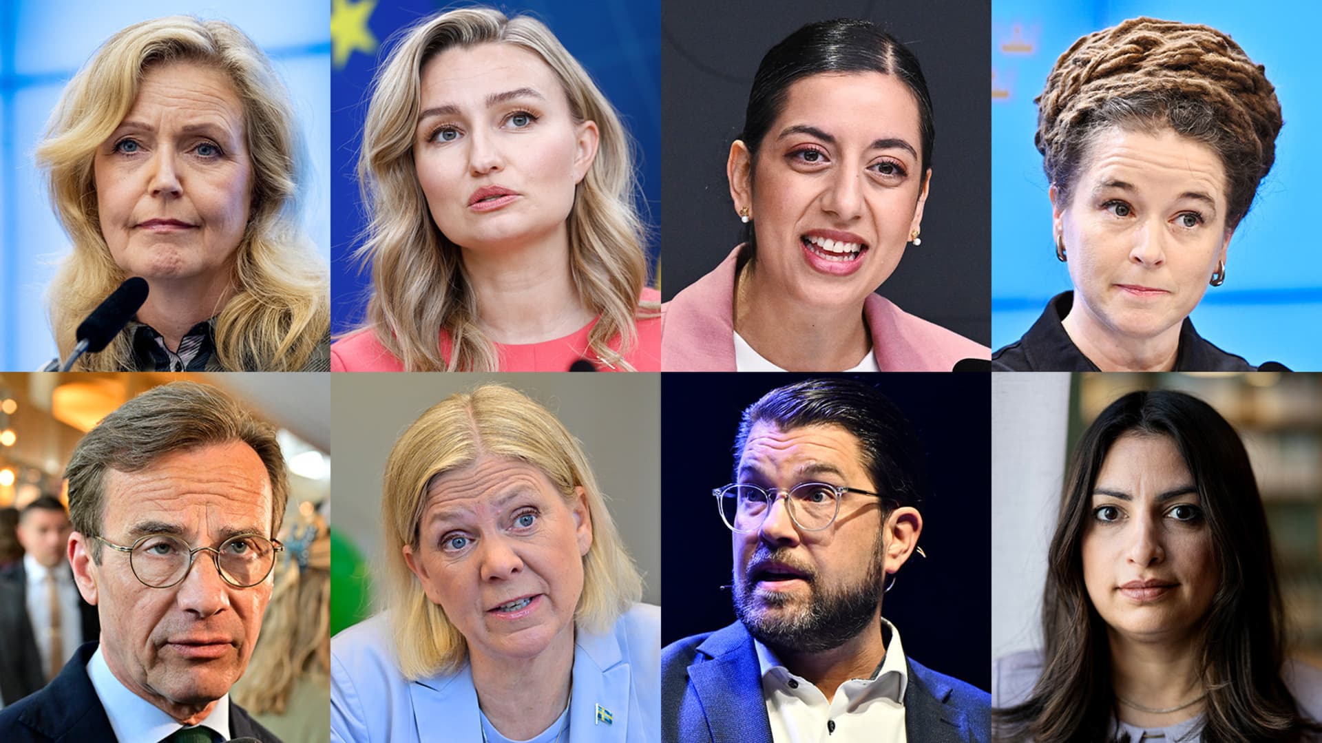 Elisabeth Thand Ringqvist (C), Ebba Busch (KD), Simona Mohamsson (L), Amanda Lind (MP), Ulf Kristersson (M), Magdalena Andersson (S), Jimmie Åkesson (S) och Nooshi Dadgostar (V)