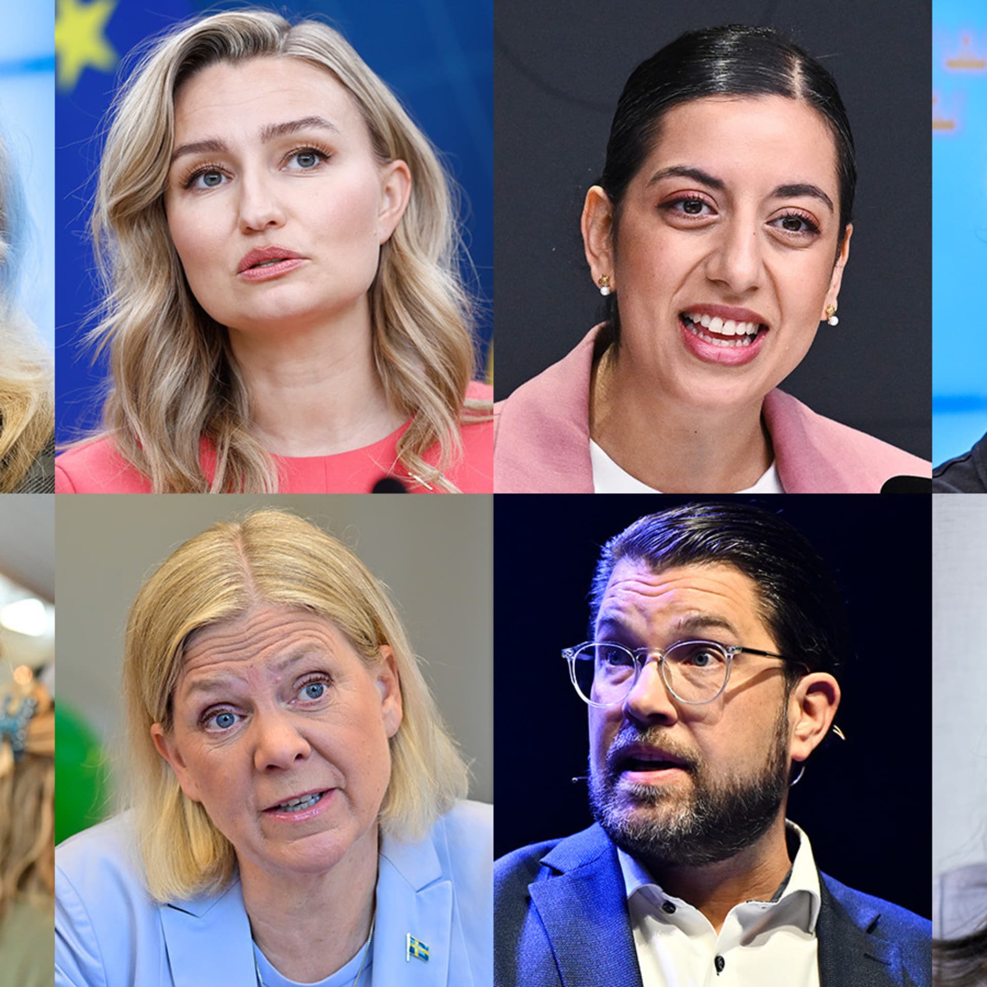 Elisabeth Thand Ringqvist (C), Ebba Busch (KD), Simona Mohamsson (L), Amanda Lind (MP), Ulf Kristersson (M), Magdalena Andersson (S), Jimmie Åkesson (S) och Nooshi Dadgostar (V)