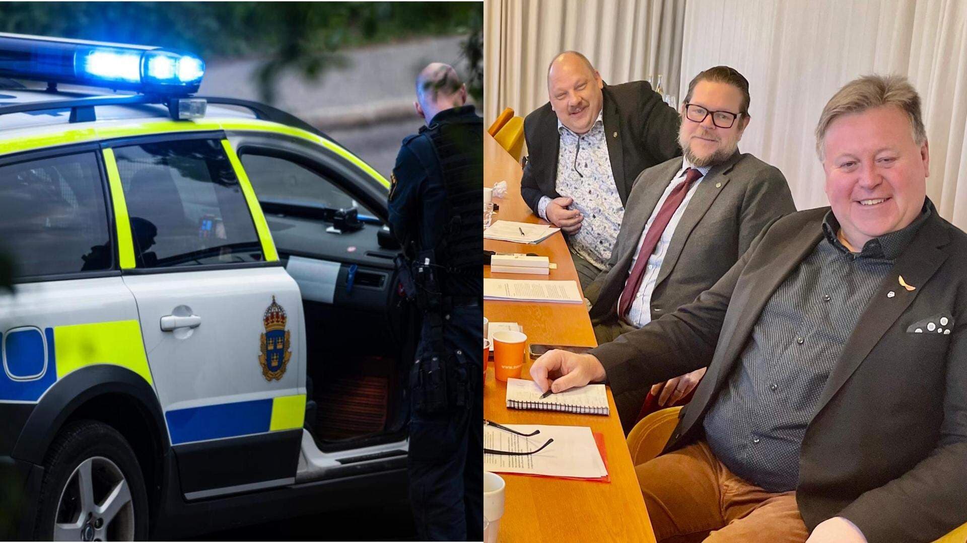 Collage med polisbil och Sven-Olof Gudmundsson, Johan Hedin och Jörgen Rasmusson