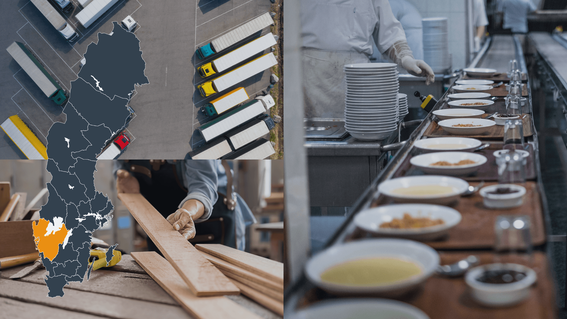 Collage över olika branscher och karta över Västra Götaland