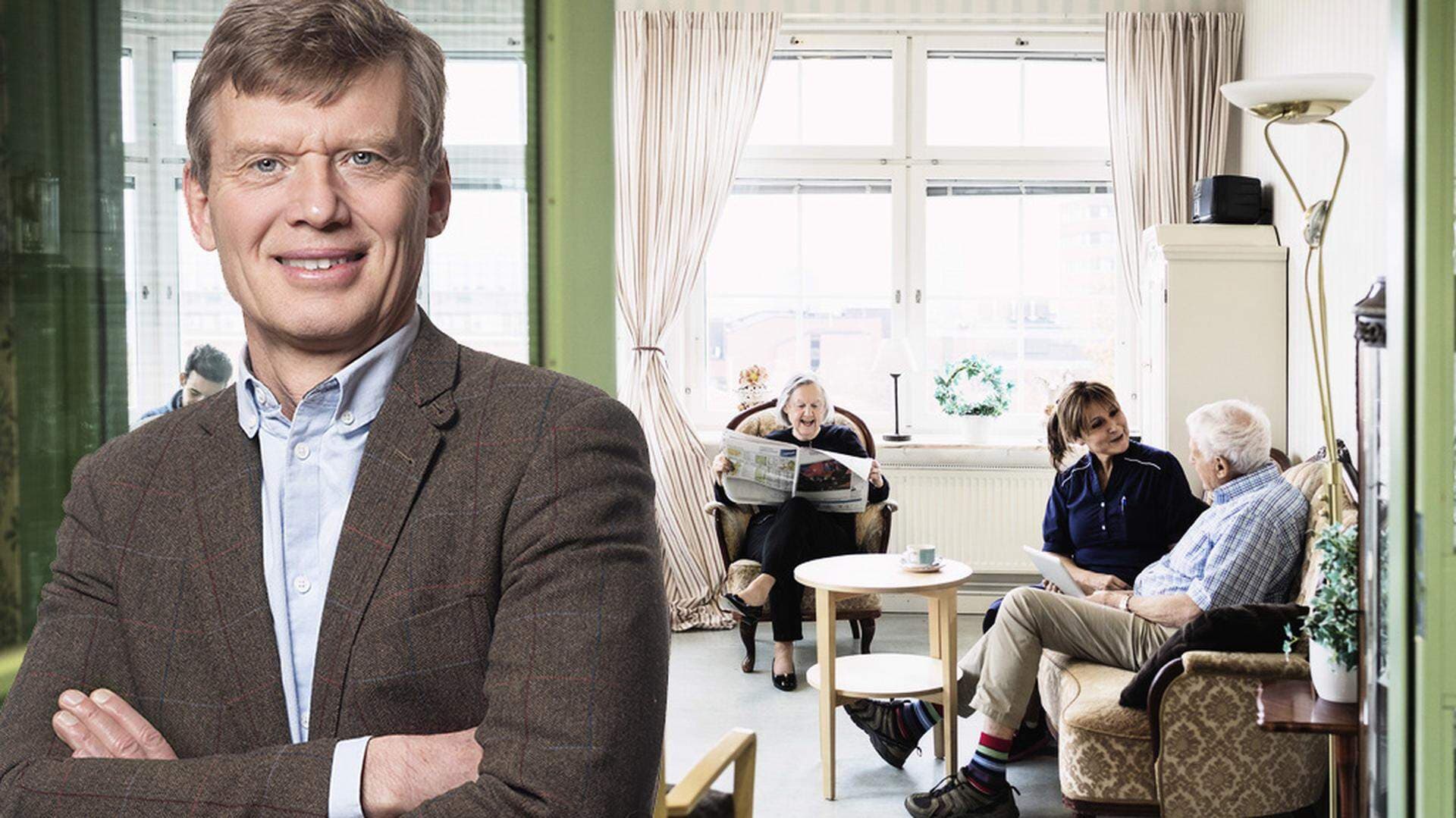 Bildmontage med Anders Morin och gemensamhetslokal på ett äldreboende