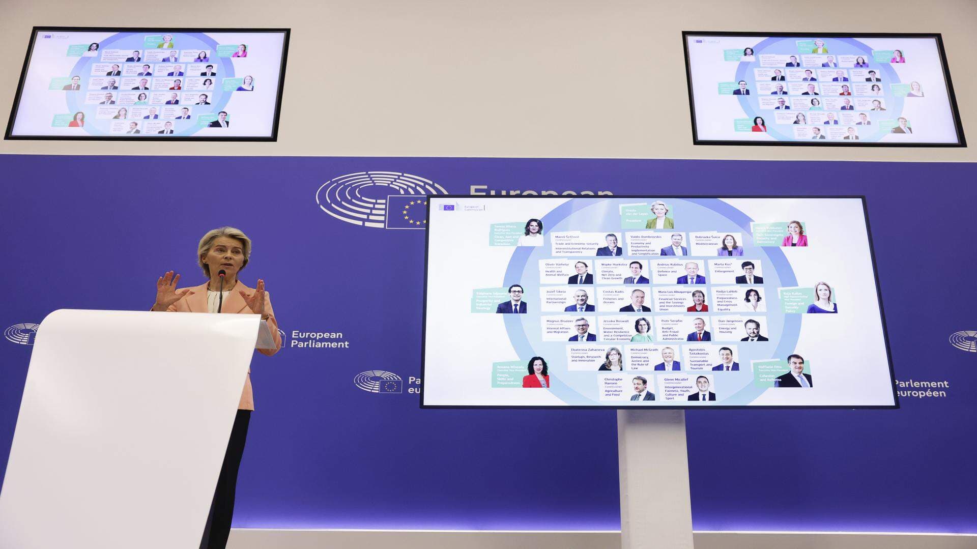 European Commission President Ursula von der Leyen presents her new team for the next five-year, during a press conference at the European Parliament.