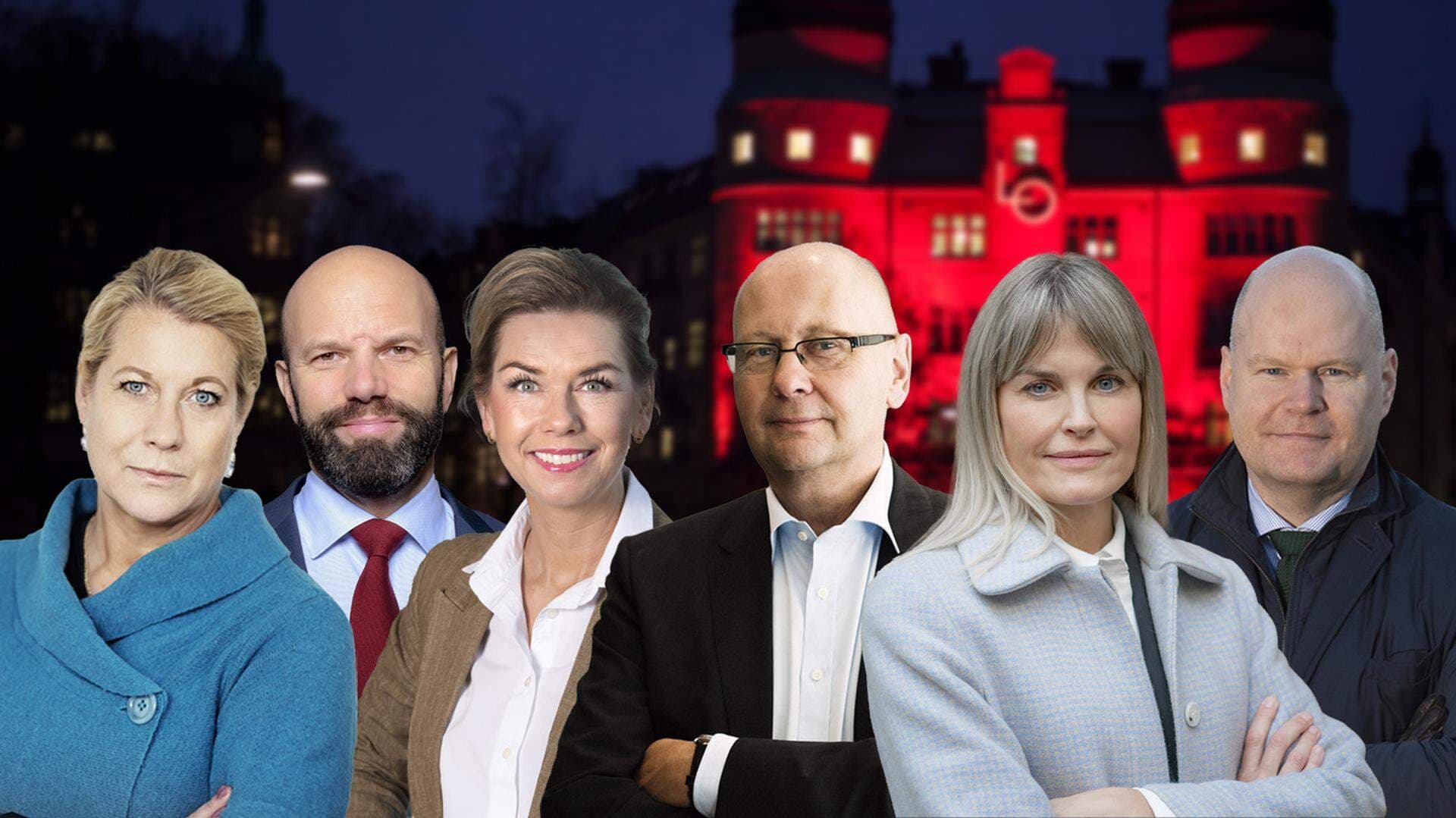 Catharina Elmsäter-Svärd, vd Byggföretagen, Mattias Dahl, vice vd Svenskt Näringsliv, Sofia Larsen, vd Svensk Handel, Klas Wåhlberg, vd Teknikföretagen, Ann Öberg, vd Almega, Marcus Dahlsten, vd Transportföretagen.