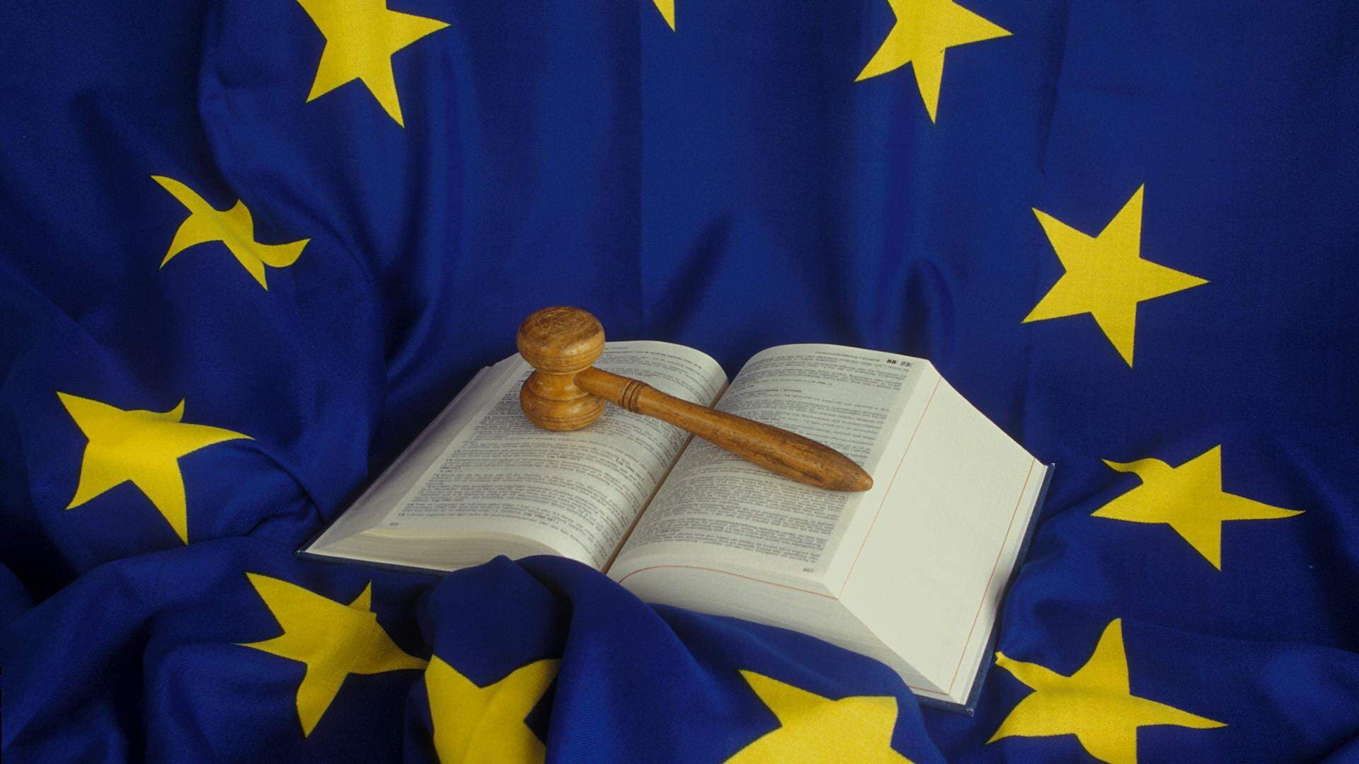 En uppslagen lagbok med en träklubba ligger på en bakgrund i form av blå EU-flagga.