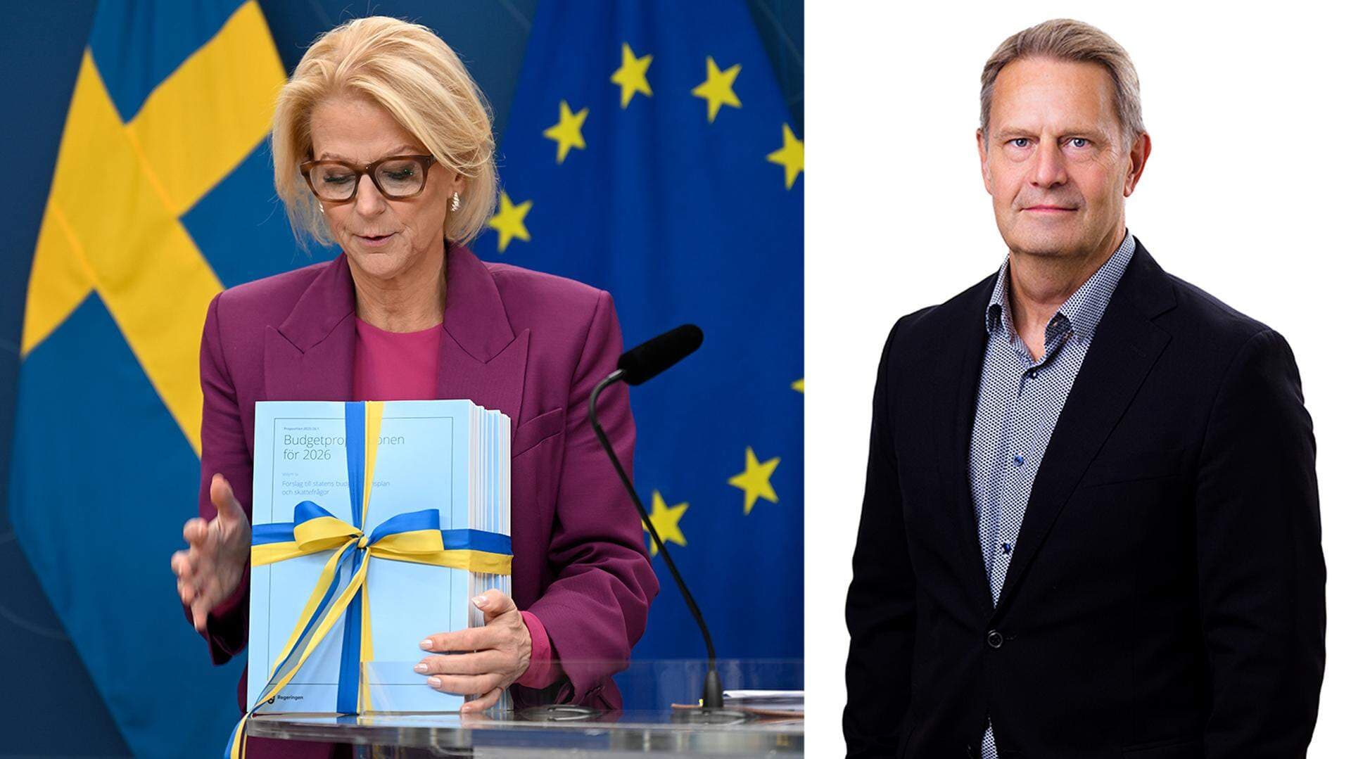 Finansminister Elisabeth Svantesson presenterar höstbudgeten under en pressträff. Johan Hörberg, skatteexpert på Svenskt Näringsliv.