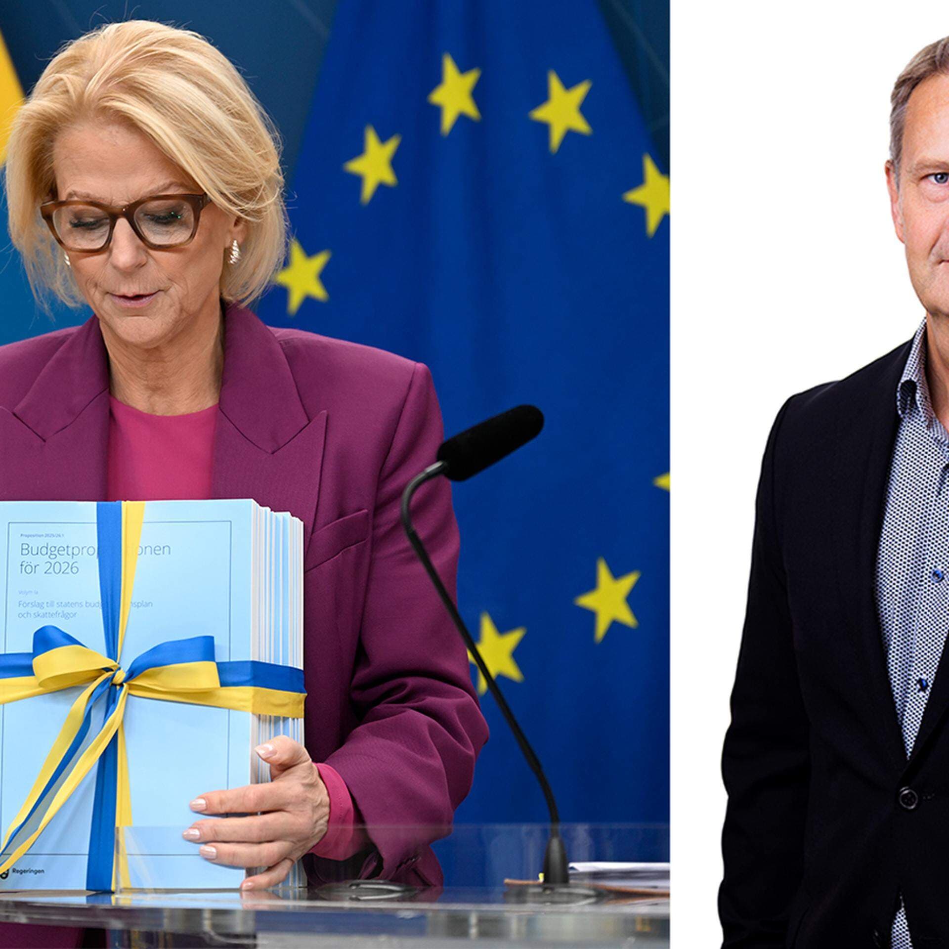 Finansminister Elisabeth Svantesson presenterar höstbudgeten under en pressträff. Johan Hörberg, skatteexpert på Svenskt Näringsliv.