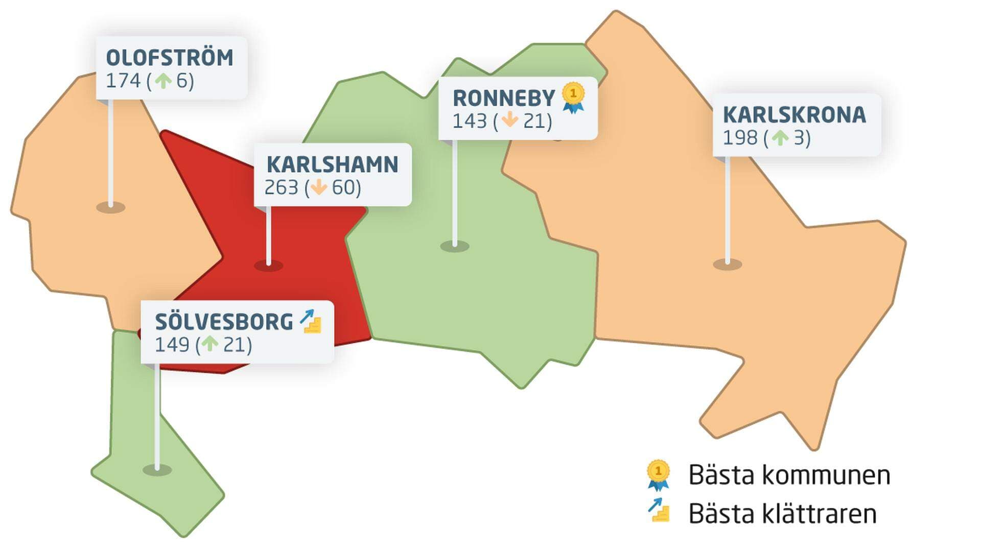 Karta över Blekinges kommuner med rankingplaceringar