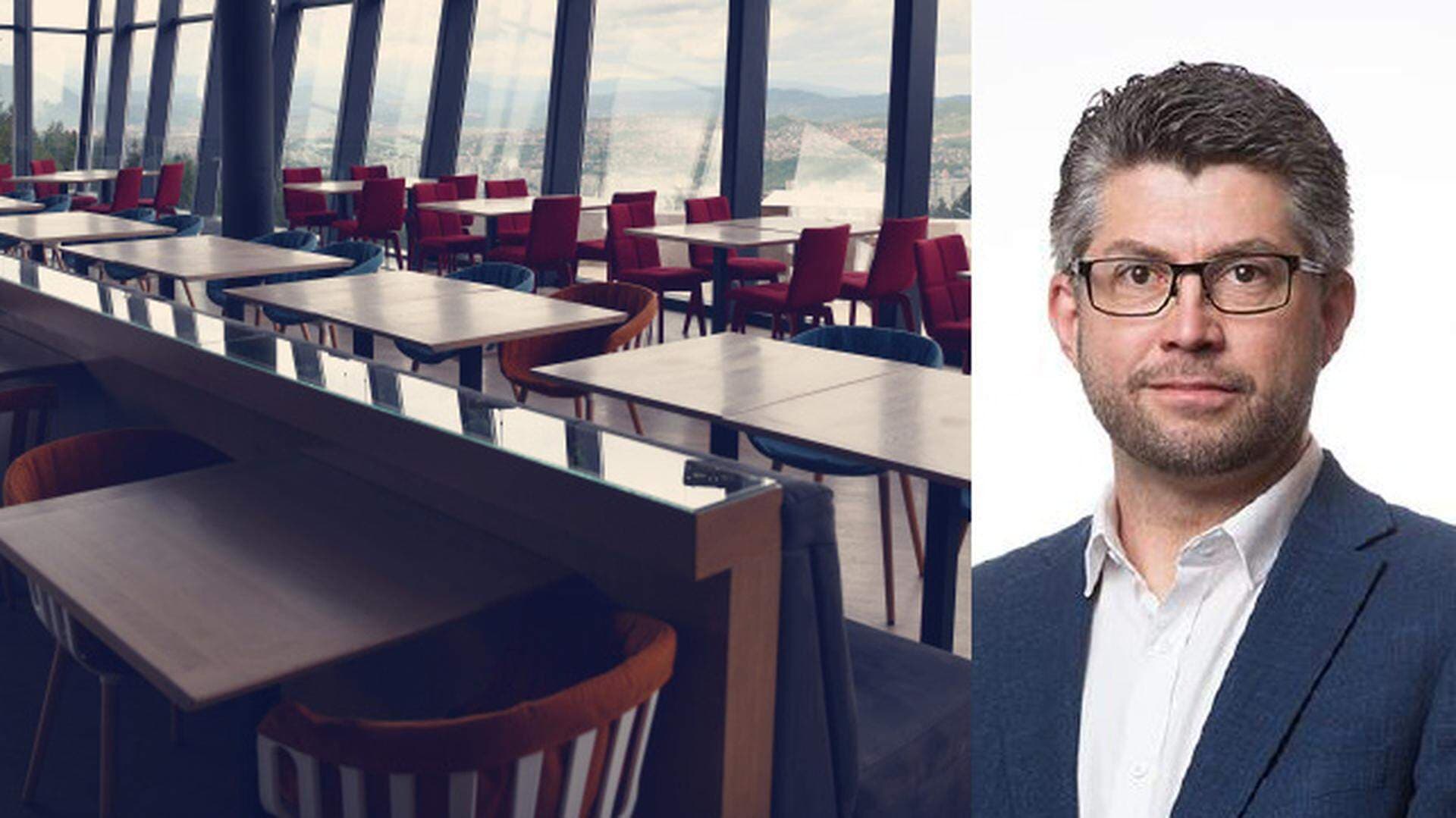 Johan Dalén i kollage med en tom restaurang