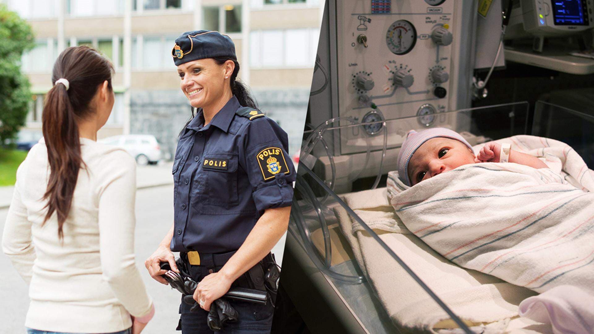 polis och ett nyfött barn