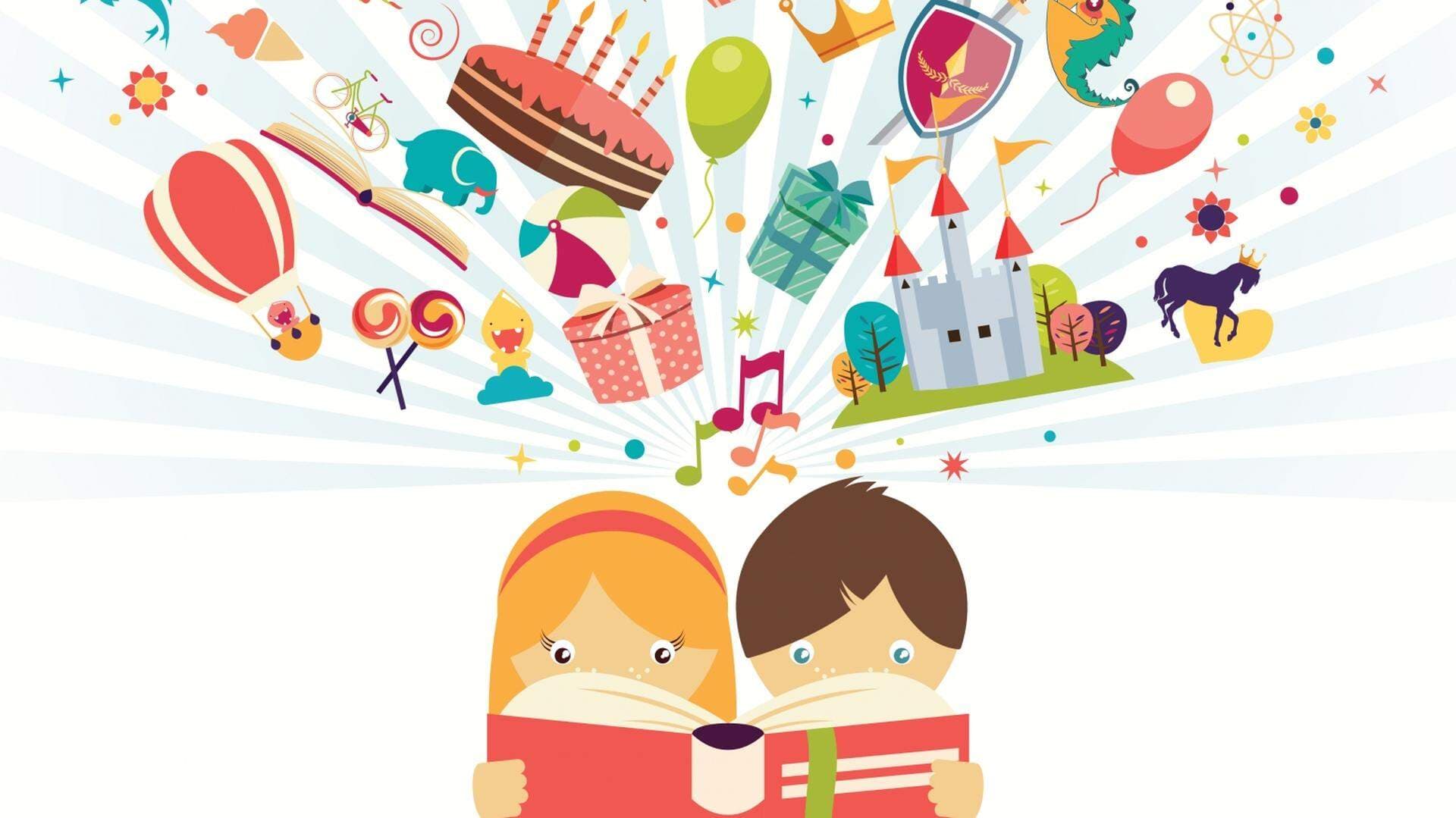 tecknad bild på två barn som läser en bok