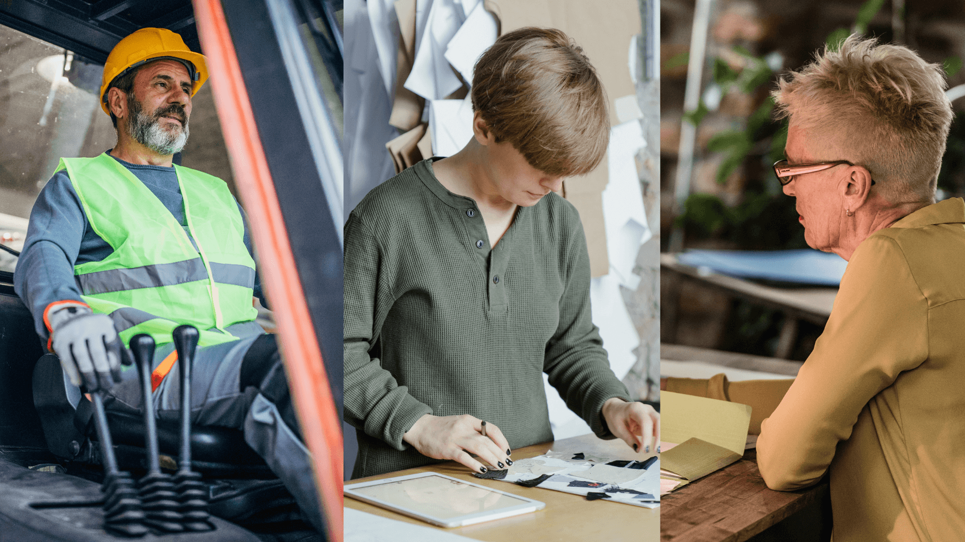 Kollage tre personer som arbetar