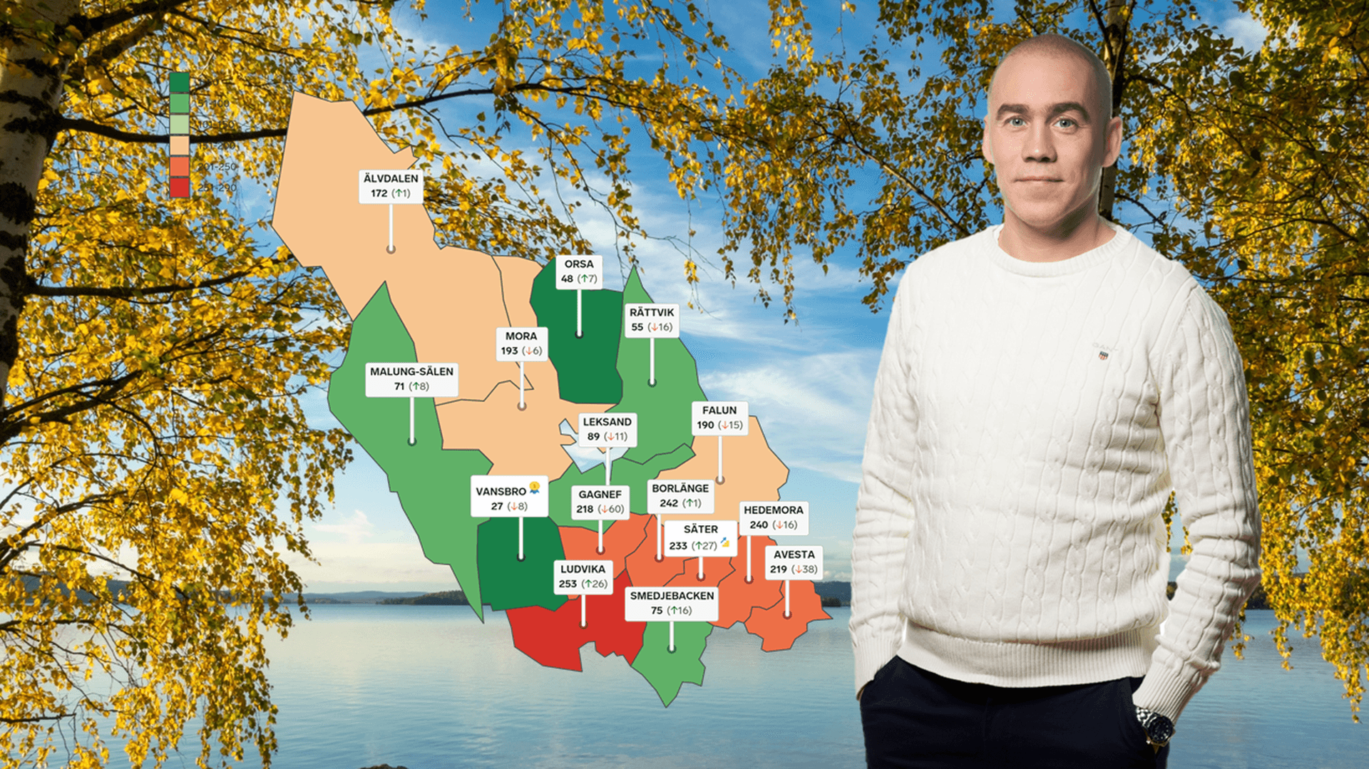 I bakgrunden en björk i höstfärger, i förgrunden en rankingkarta och Henrik Navjord