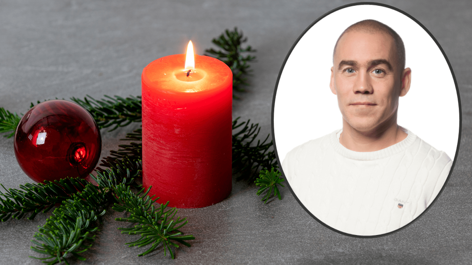 Kollage: Granris med en röd julkula och ett stearinljus + ett porträttfoto av Henrik Navjord