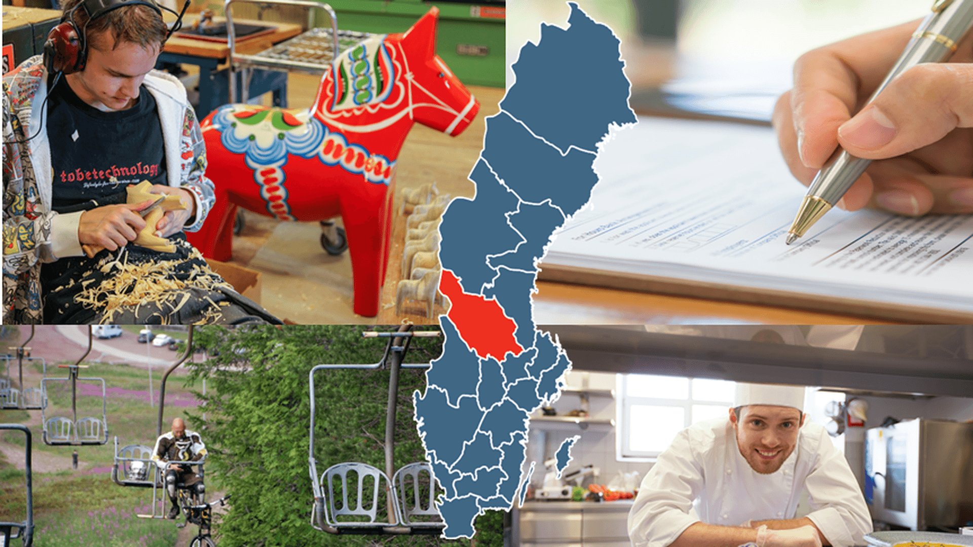 Collage: Sverigekarta där Dalarna är markerat, cyklist i en skidlift, man som gör en dalahäst, hand som håller i en penna, kock med en tallrik