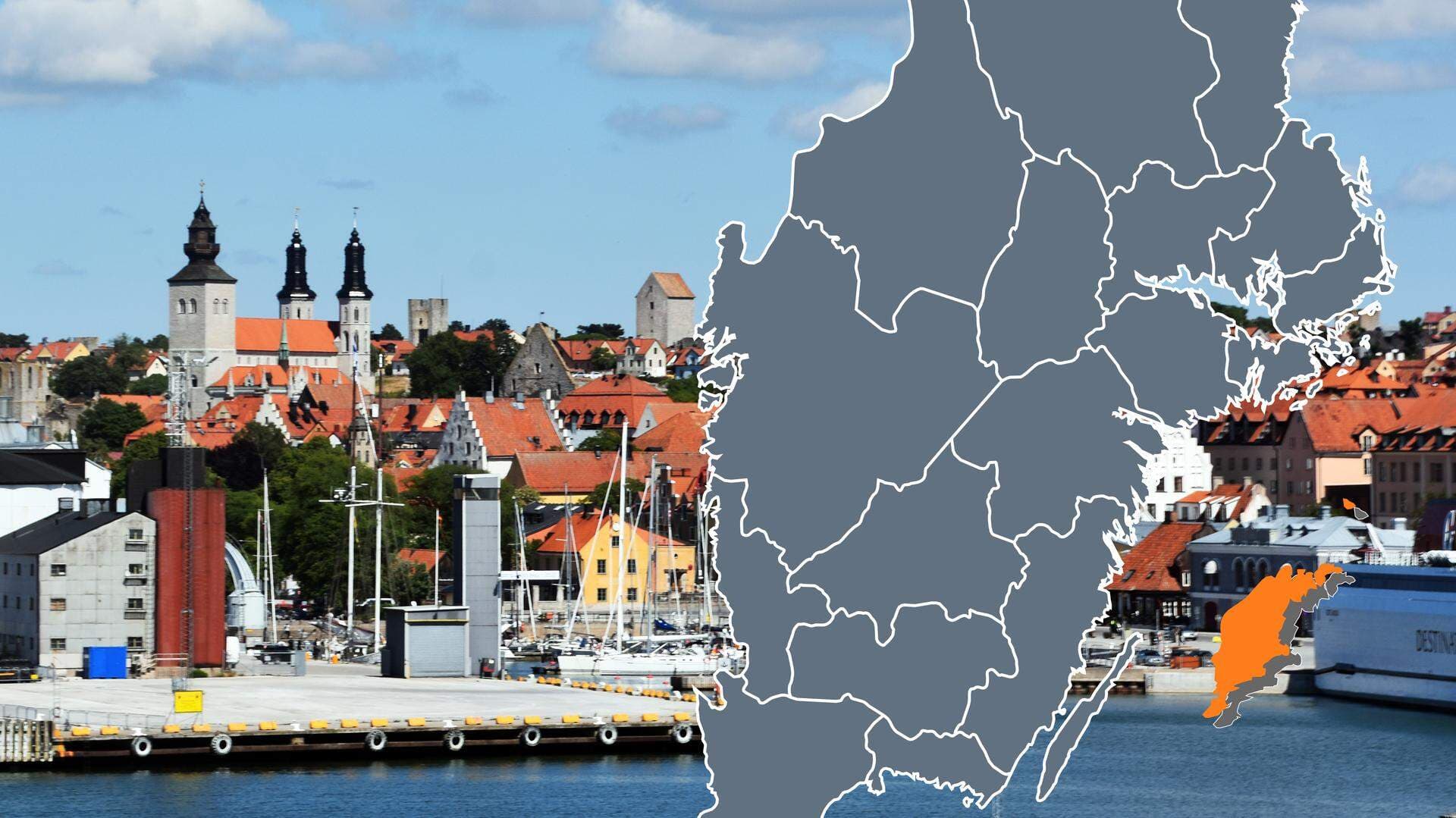 Billdkollage: Visby och karta på Gotland