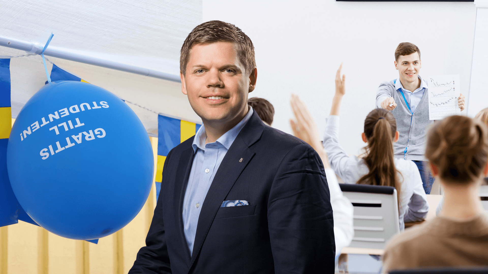 Billdcollage med porträtt av Johan Olsson samt skolungdomar