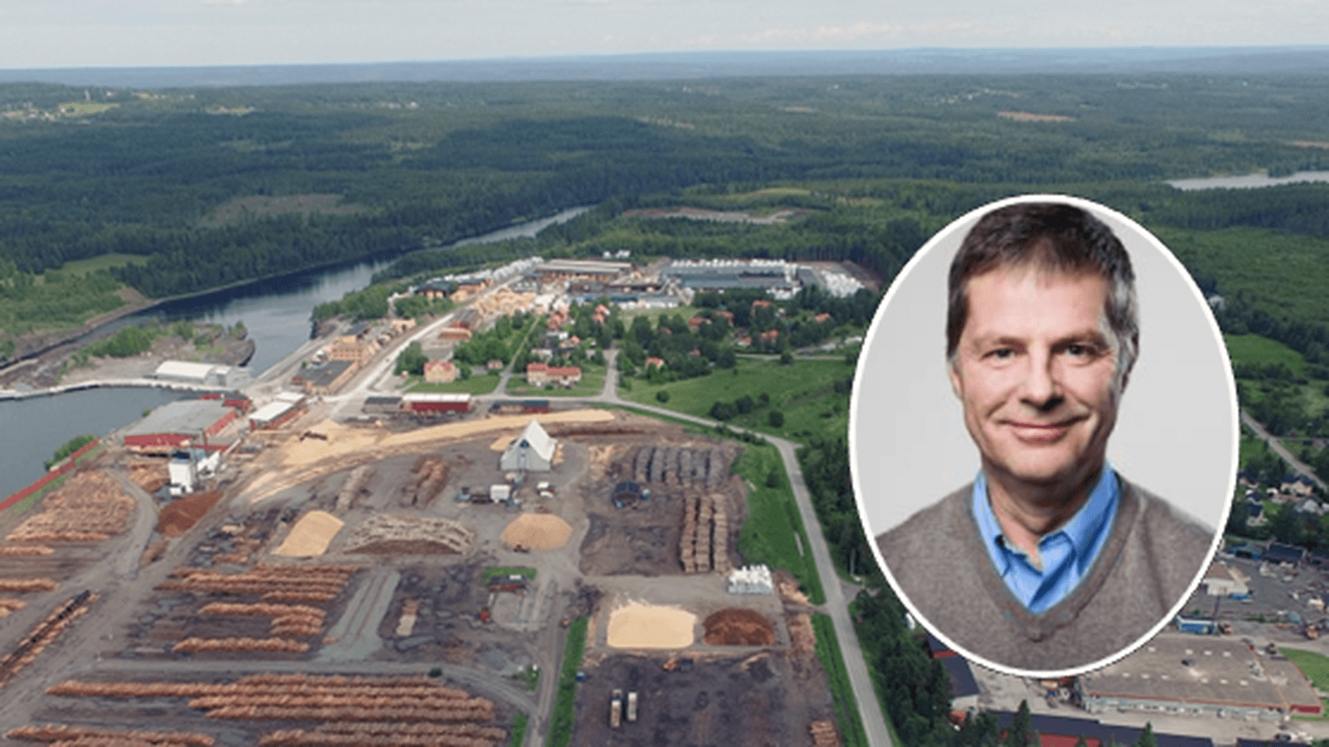 Kollage: Foto över Hissmofors sågverk och en porträttbild på Lars Grundqvist