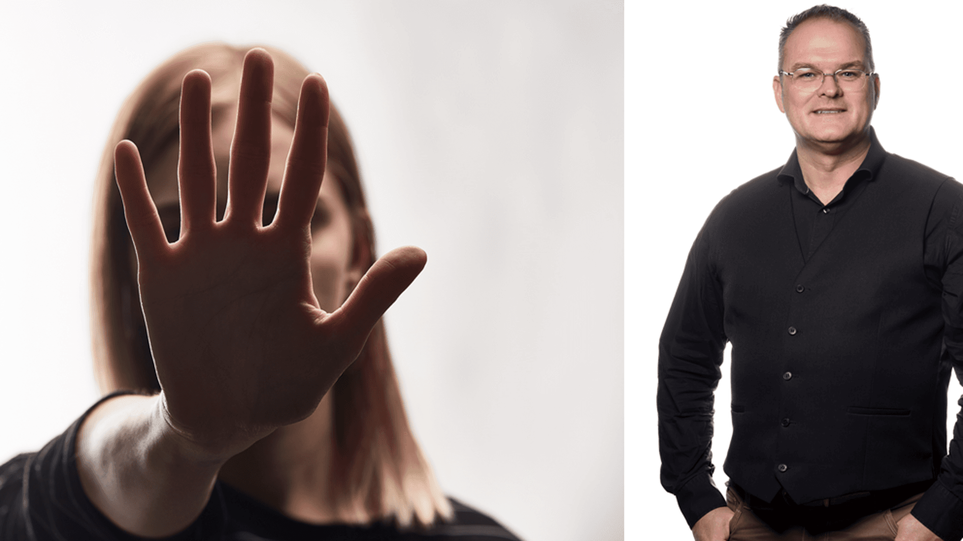 Kollage: Kvinna som håller upp sin hand framför ansiktet och ett porträttfoto av Ola Toftegaard