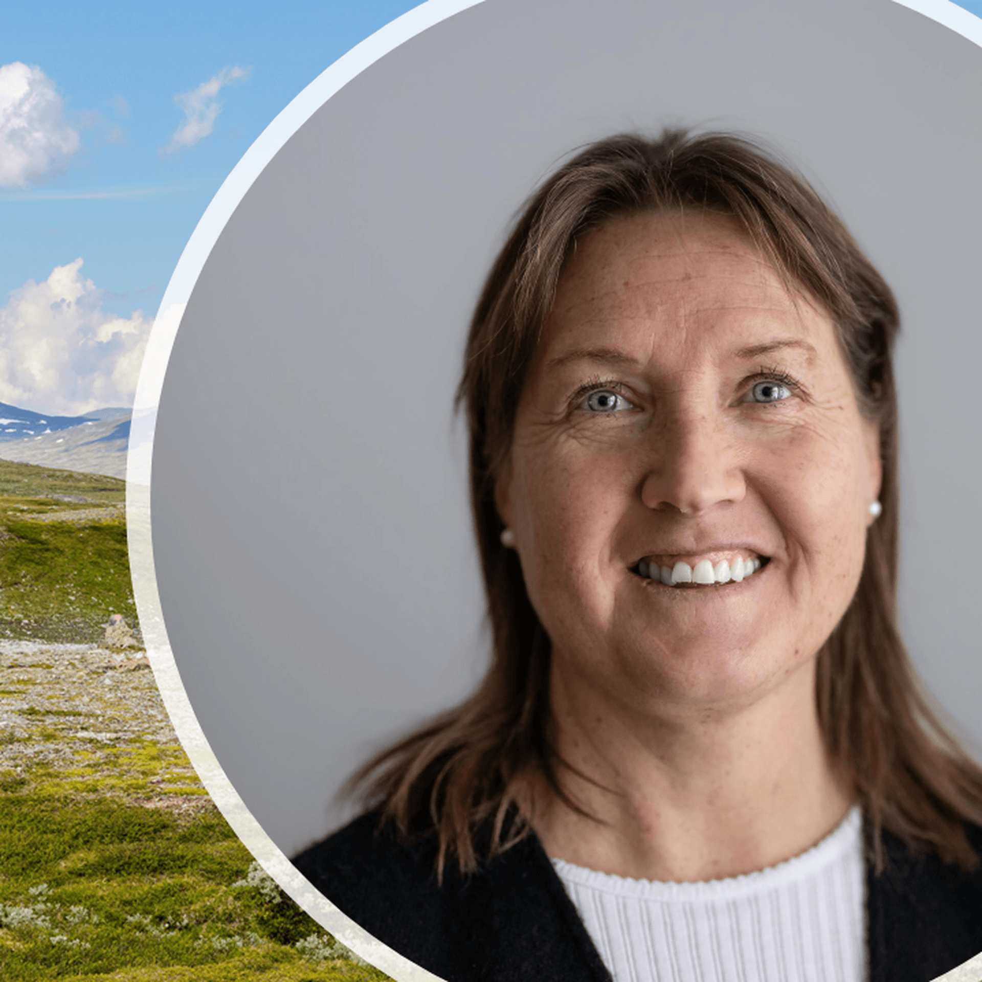 Bakgrunden är en vy i fjällvärlden med en porträttbild på Elise Ryder Wikén