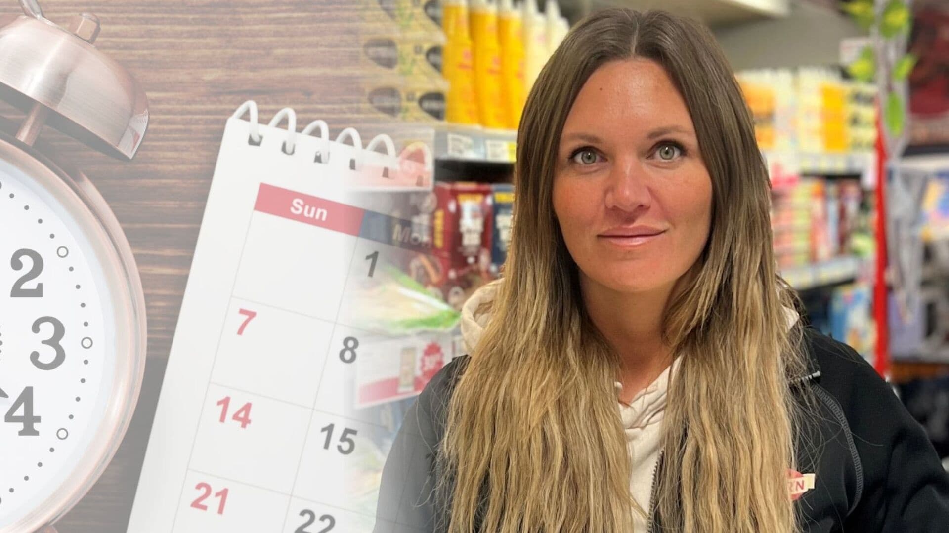 Lena Alke, Handlare Rötviken, i sin butik i ett kollage med en klocka och kalender.
