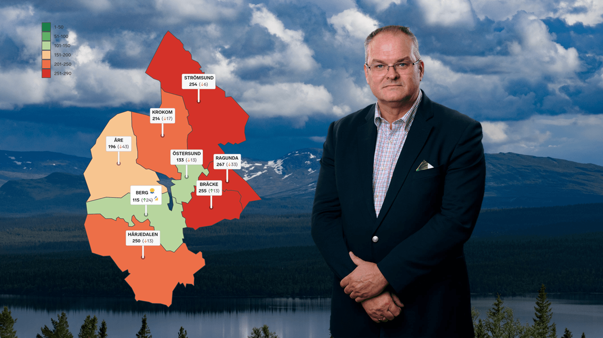 Fjäll och mörk himmel i bakgrunden, rankingkarta över Jämtland och bild av Ola Toftegaard i förgrunden