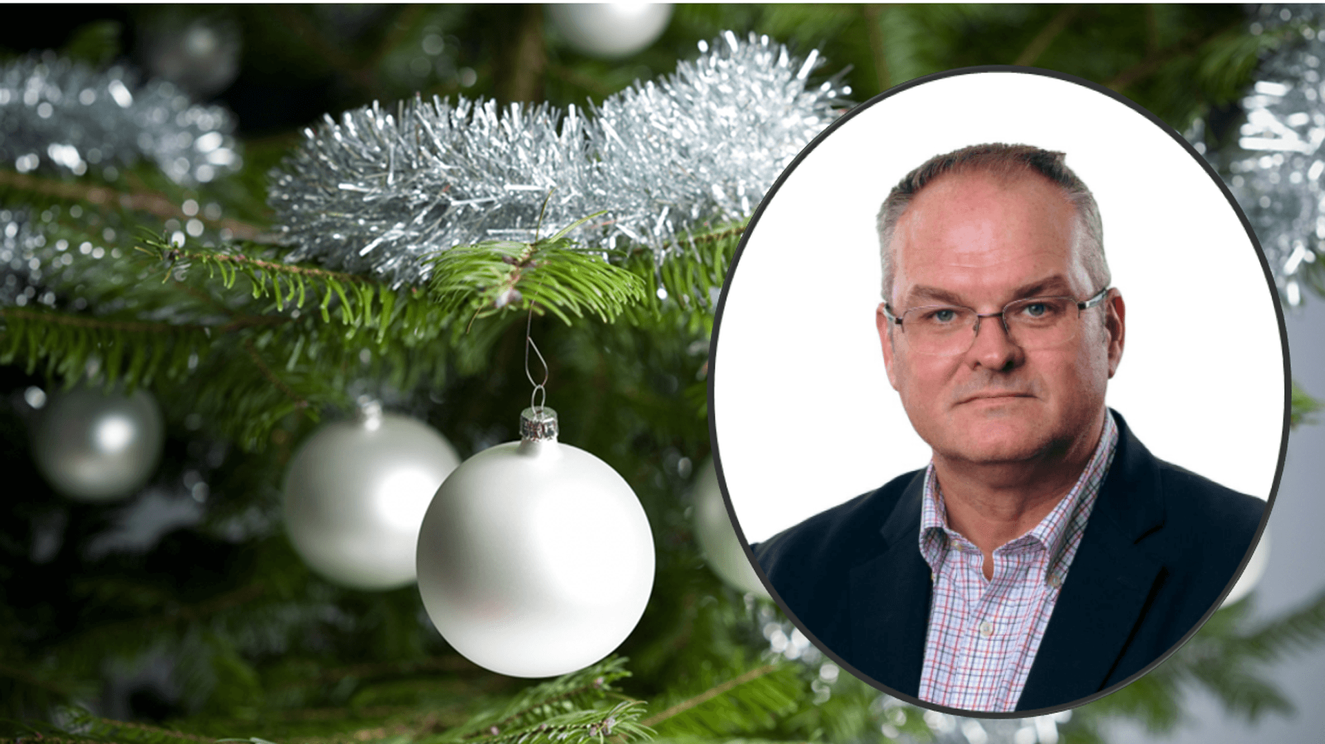 Kollage: Granris och julgranskulor + en porträttbild på Ola Toftegaard