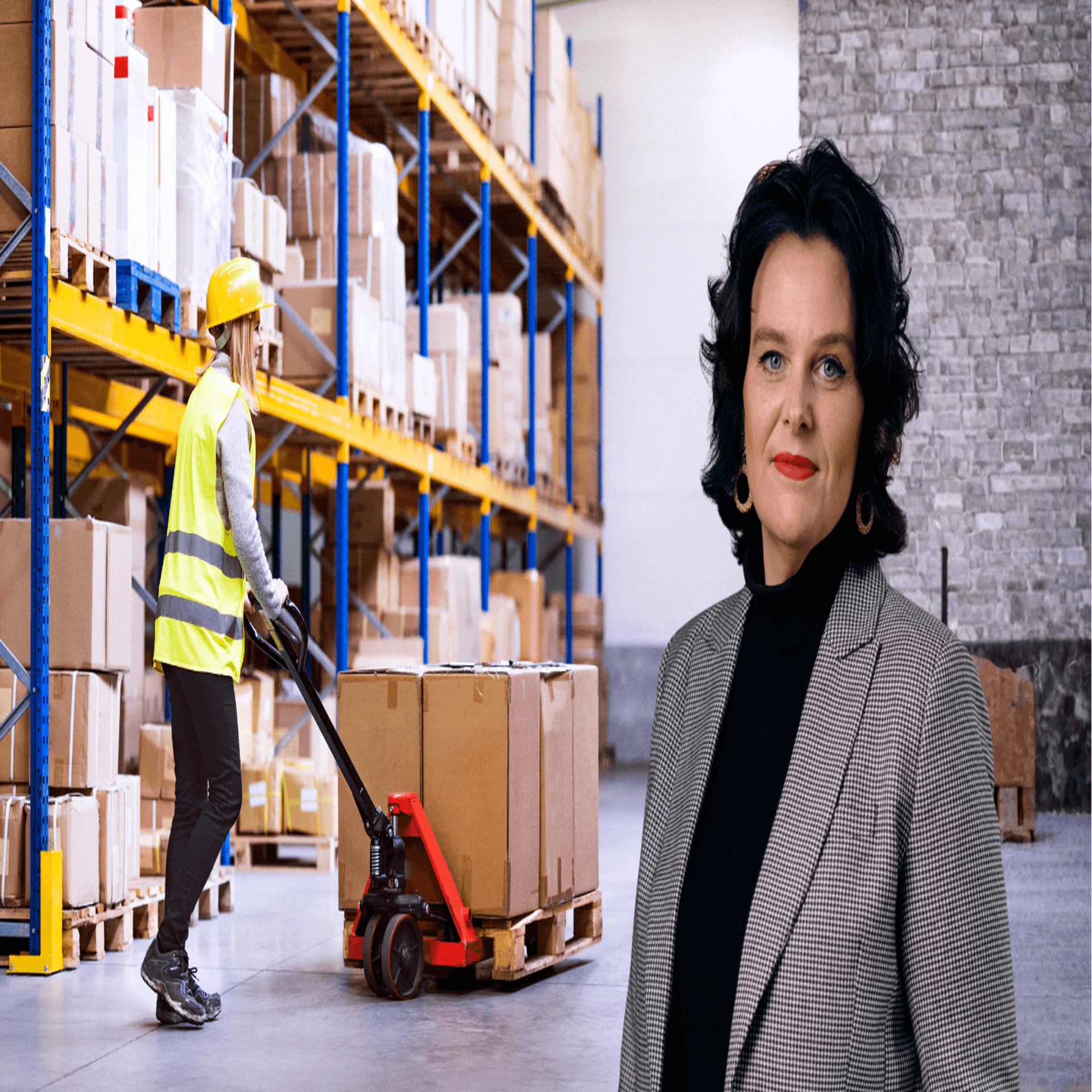 Ulrica Bennesved i kollage med en arbetare i ett lager