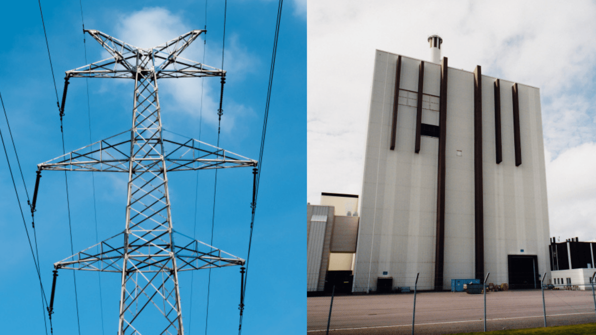Kollage av kärnkraftsverk och elstolpe