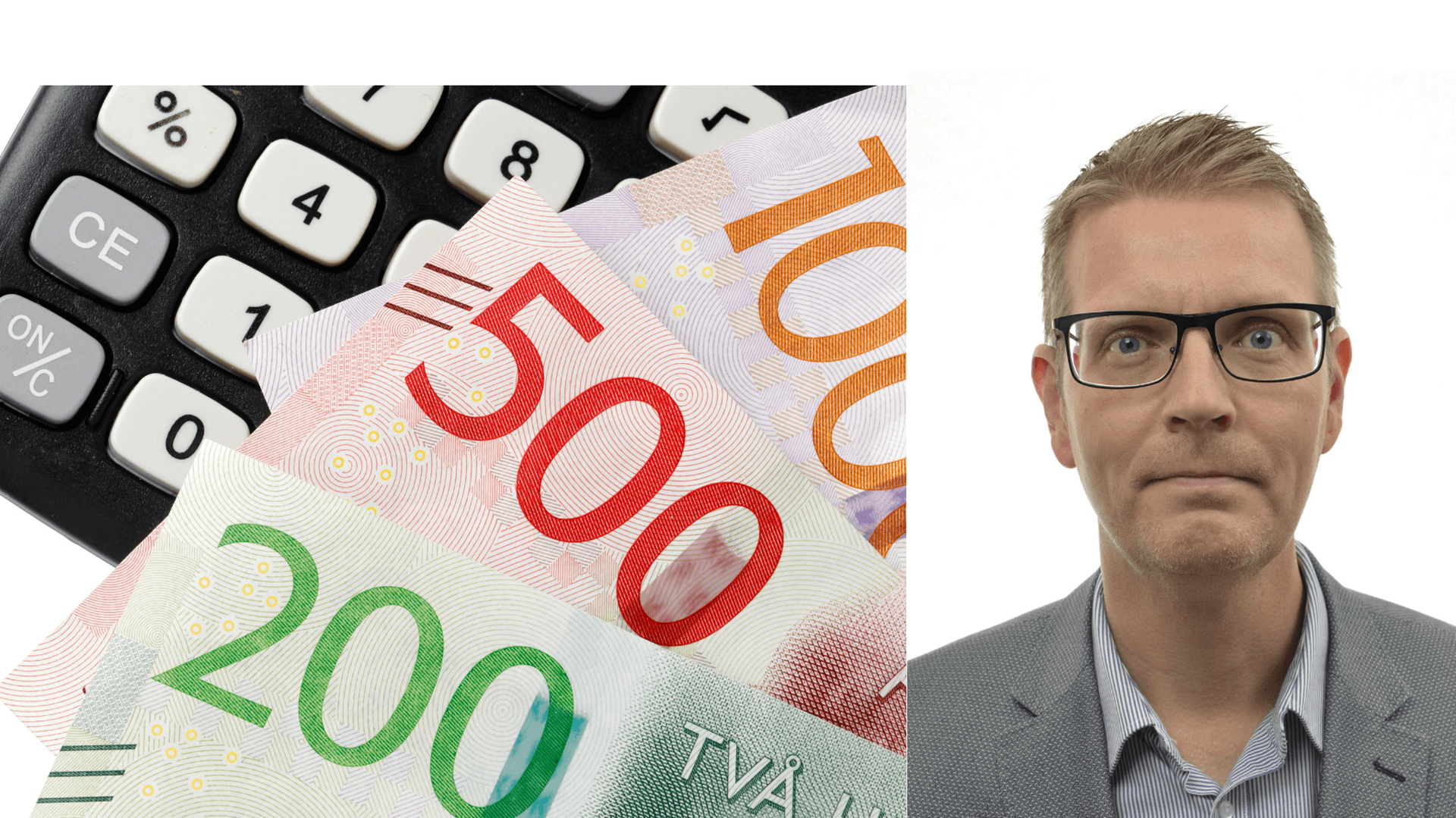 Collage pengar på en miniräknare och ett foto på Mattias Karlsson