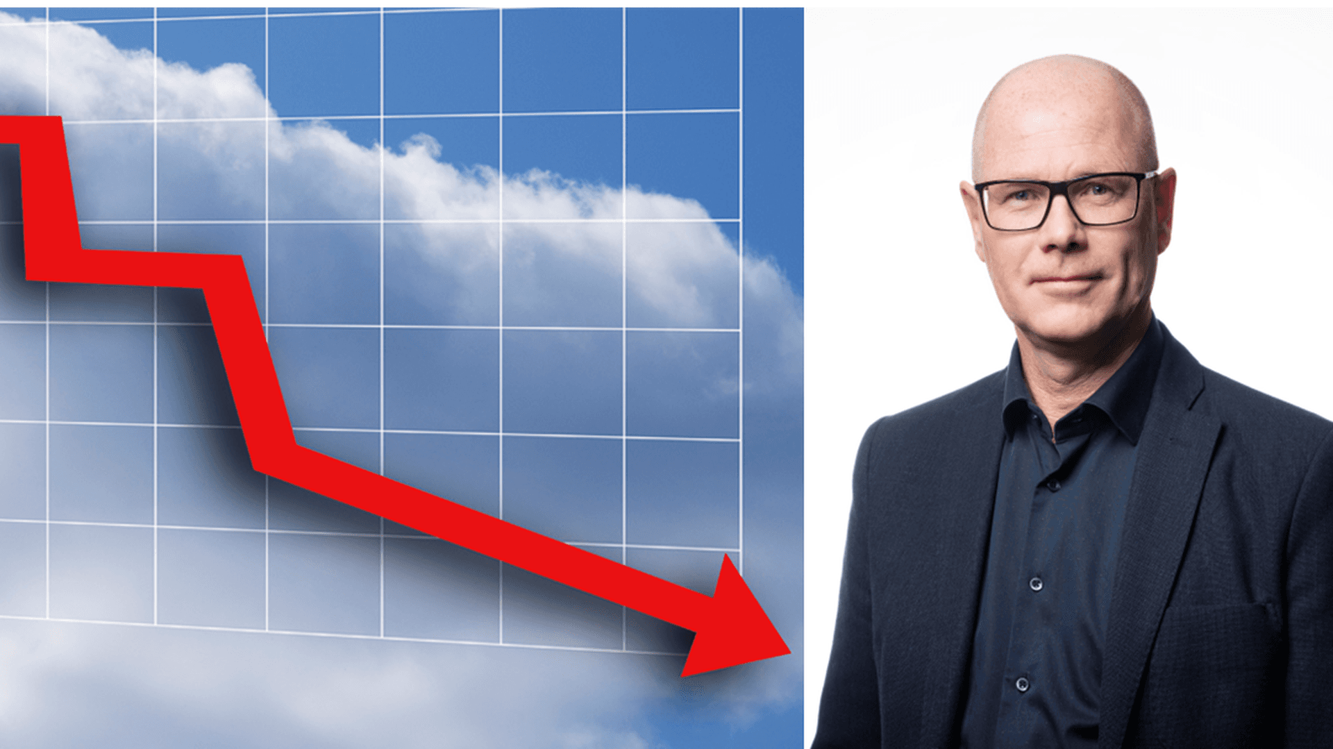 Kollage: Bild av en nedåtgående röd pil och ett porträttfoto av Hans Andersson
