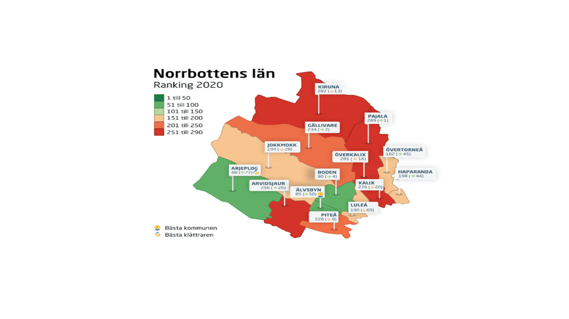 Karta över kommunerna i Norrbottens län och deras plats på rankingen.