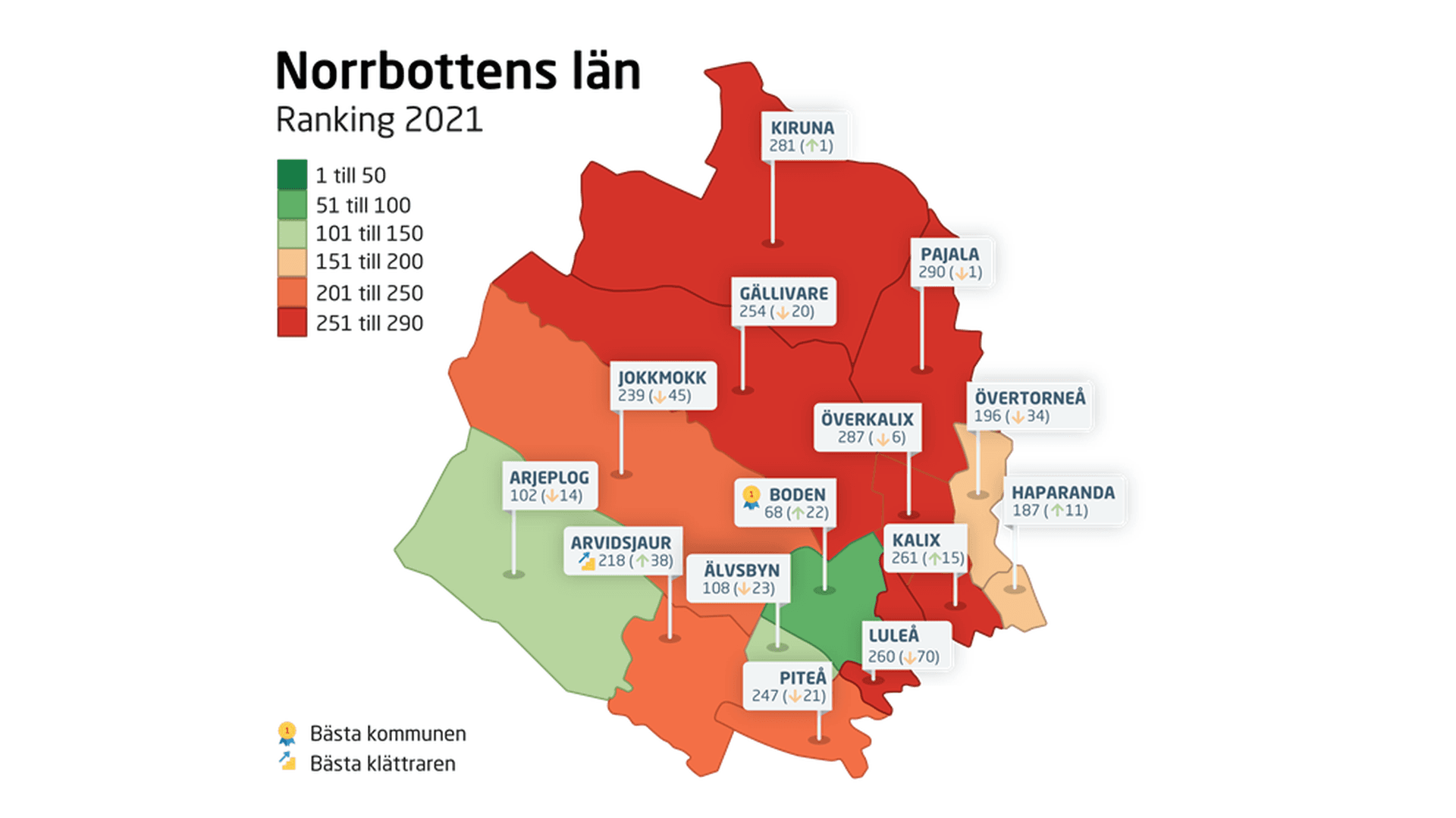 Karta över Norrbottens kommuner och deras plats i rankingen.