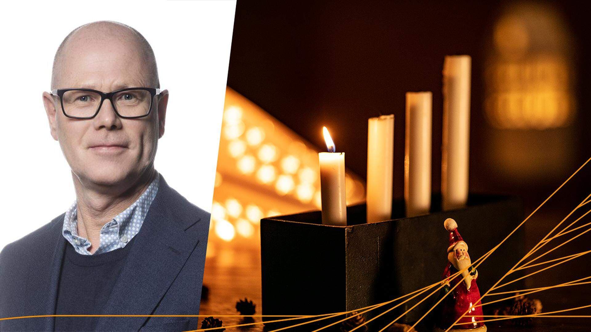 Hans Andersson och en adventsljusstake där första ljuset brinner