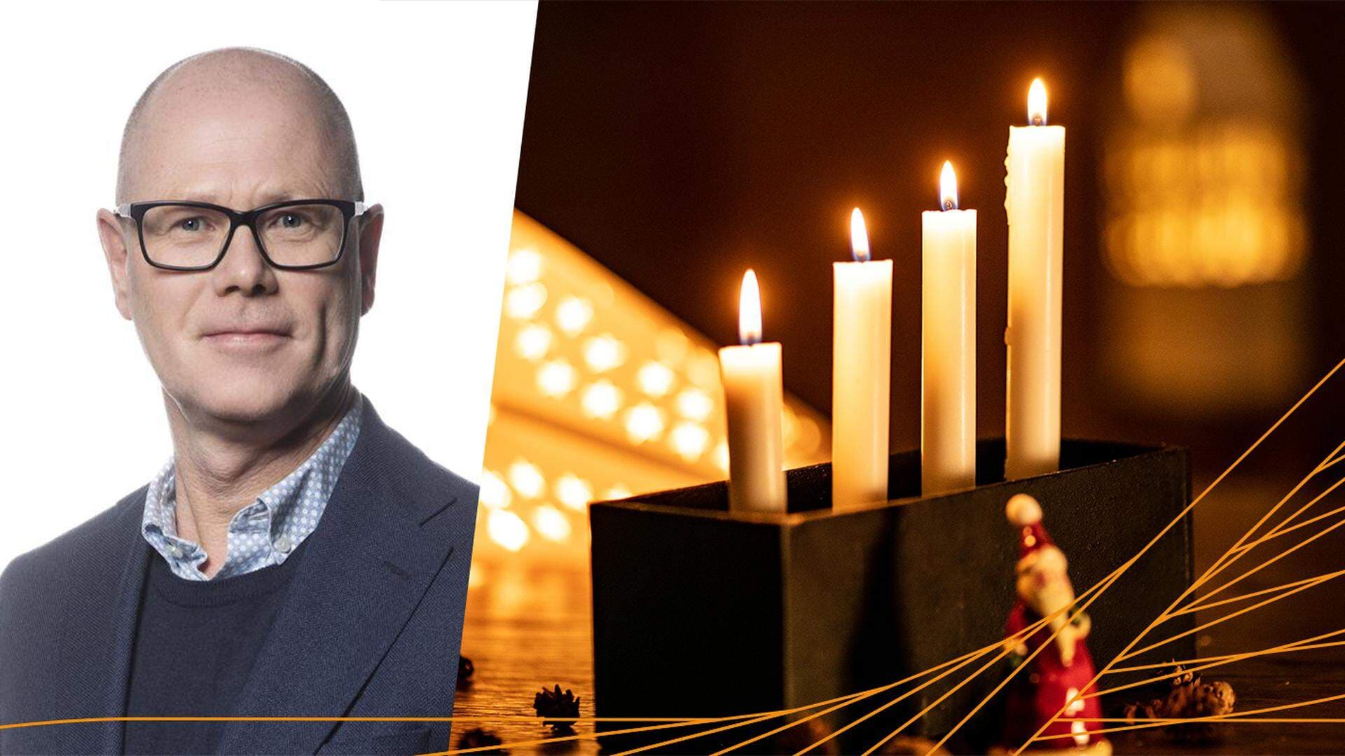 Hans Andersson och en adventsljusstake där fyra ljus brinner