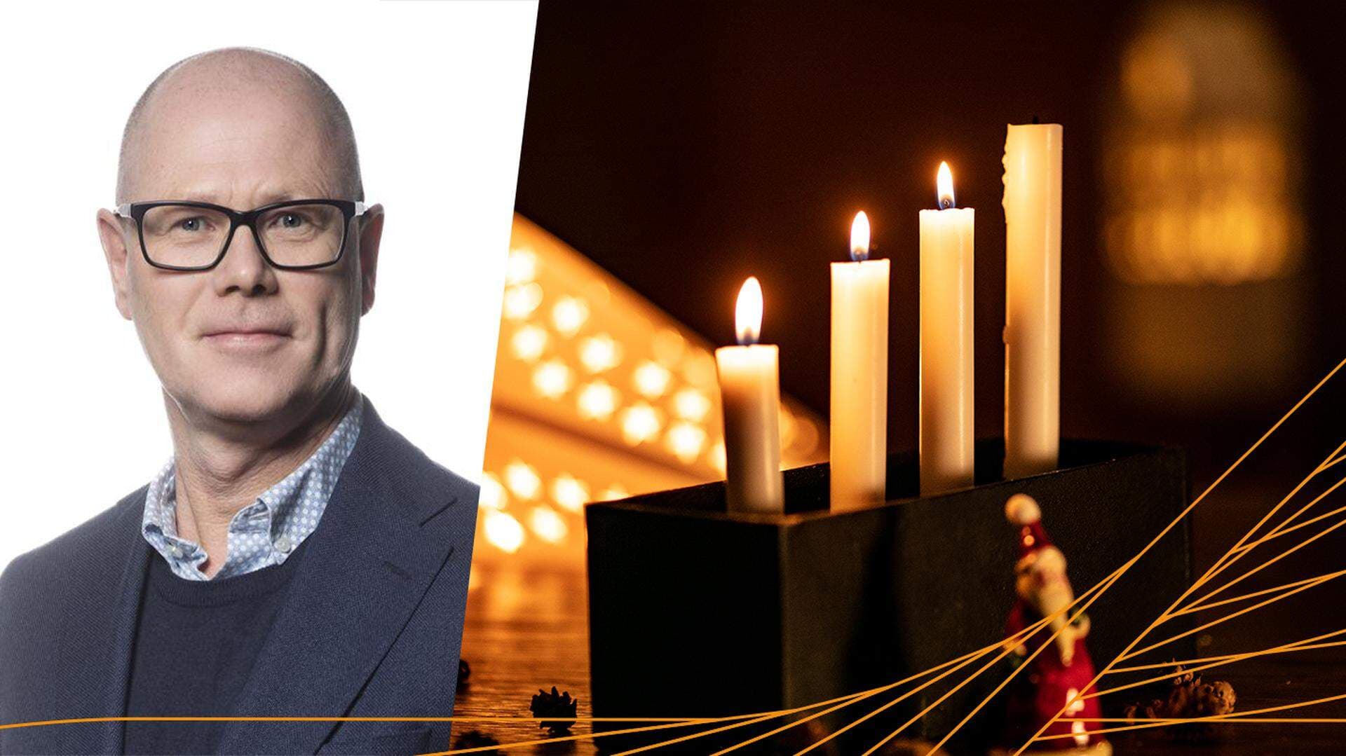 Hans Andersson och en adventsljusstake där tre ljus brinner