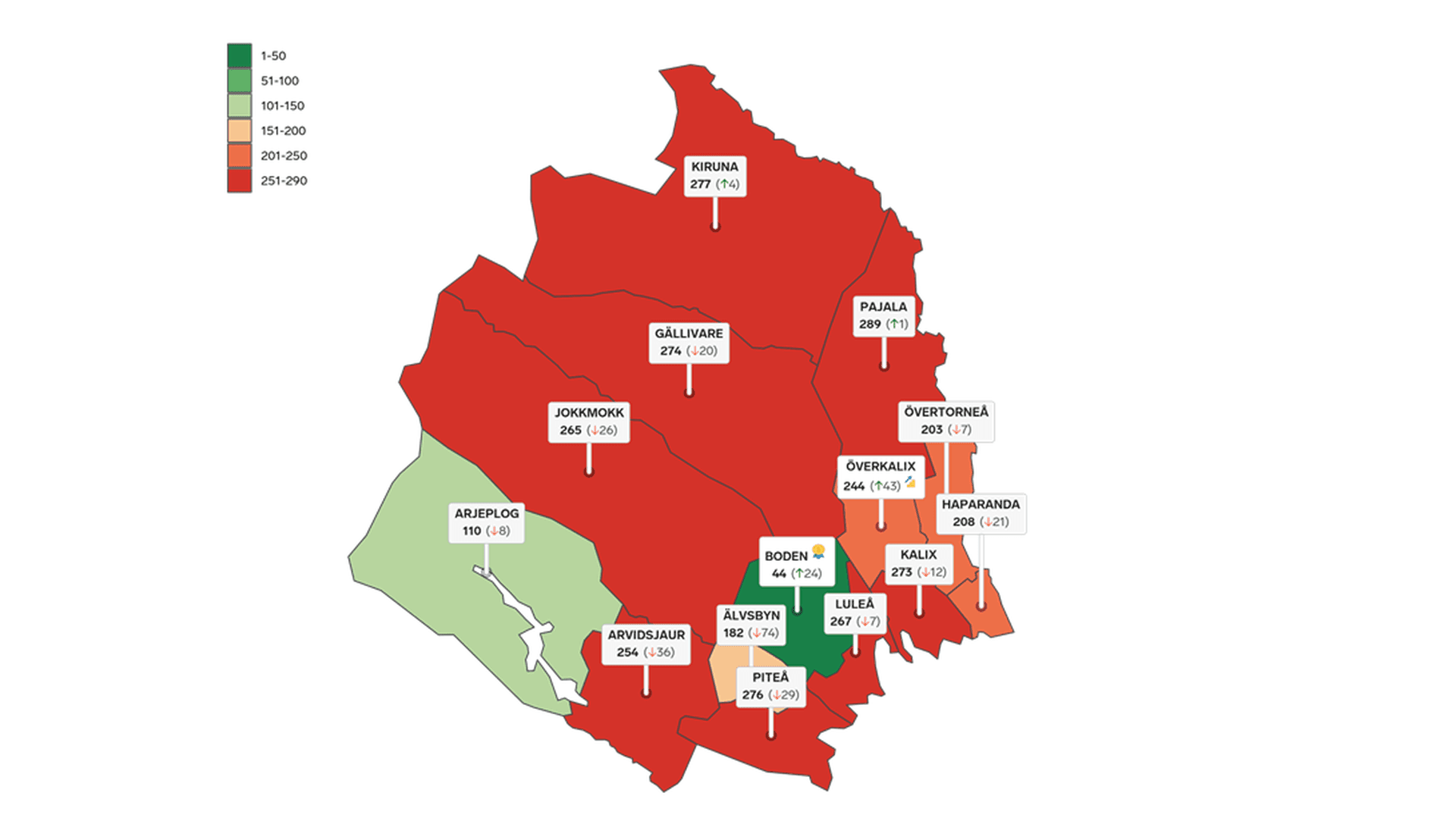 Karta över kommunerna i Norrbotten och deras resultat i rankingen