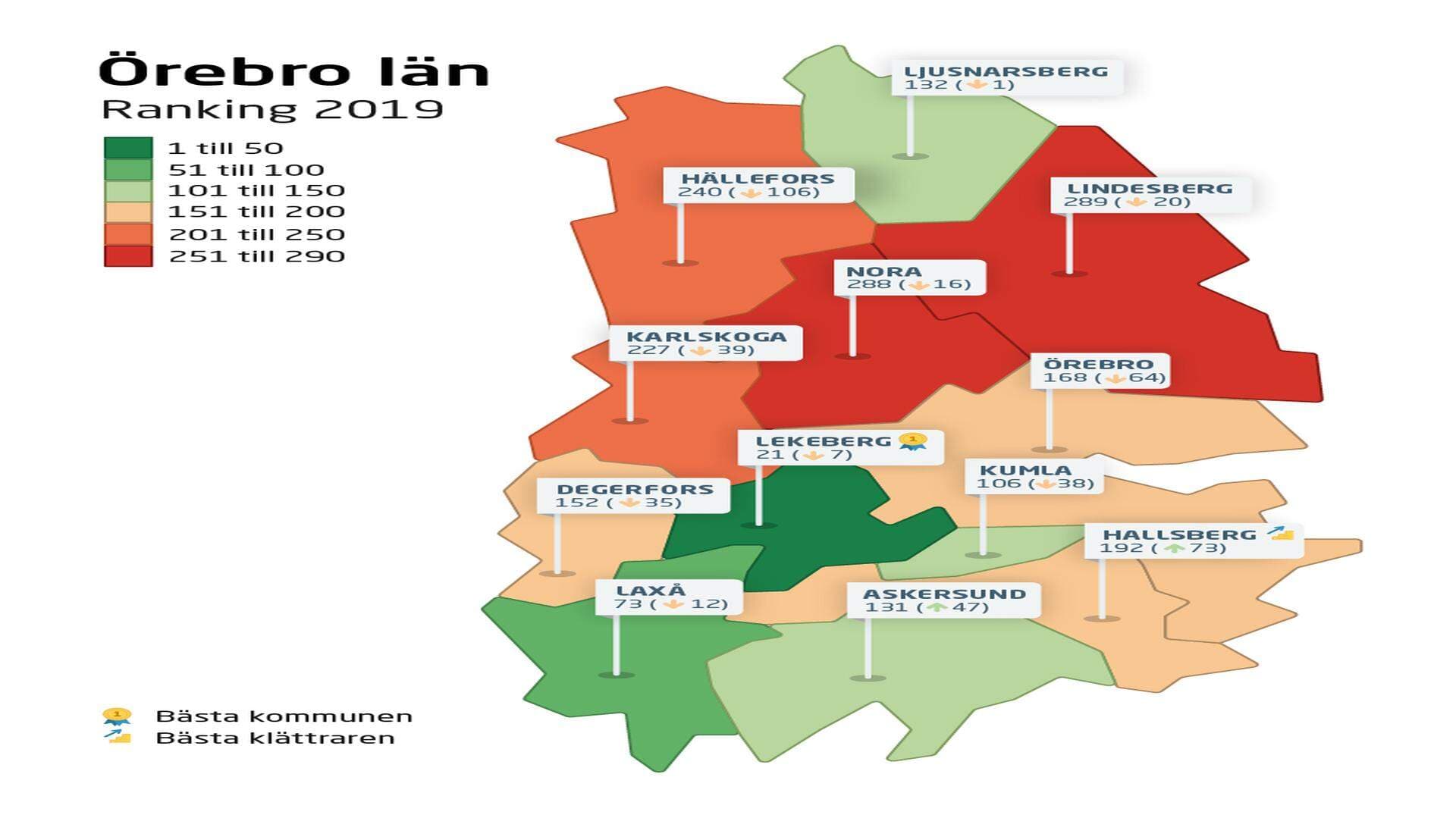 Karta över hur Örebro läns kommuner placerat sig i rankingen