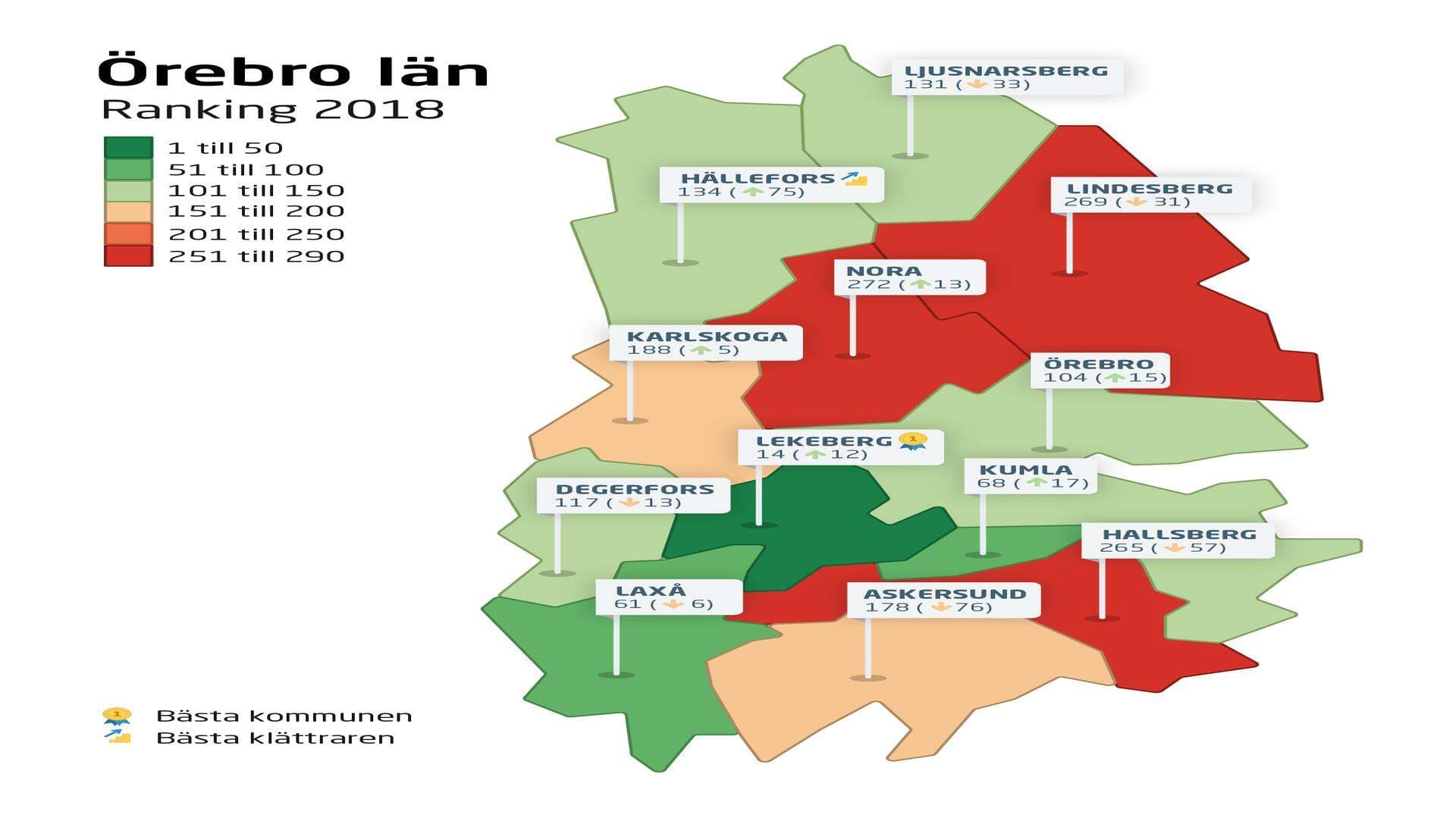 Karta över rankingresultatet 2018 i Örebro läns alla kommuner.